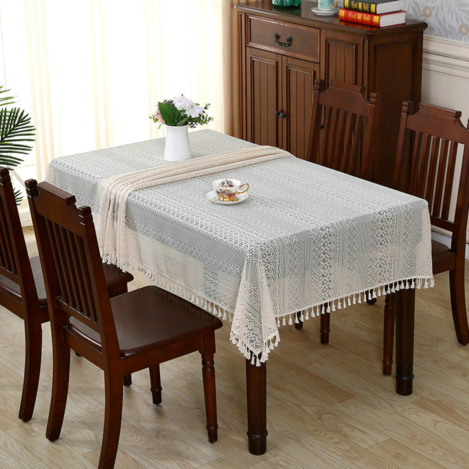 Tischdecke 150x270 cm, Hohl mit Quasten Polyester, Beige
