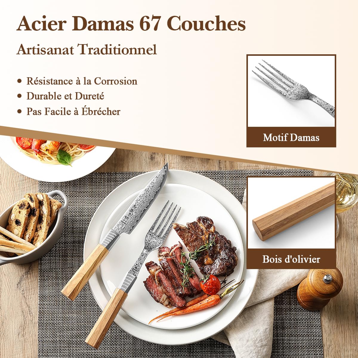 HEZHEN Set de Couverts 2 Pièces, Ensemble de Couteaux à Steak Damas | Inclut des Couteaux à Steak et Fourchettes,Acier Damas à 67 Couches,Manche Octogonal en Bois d'Olivier,pour Couteau de Table