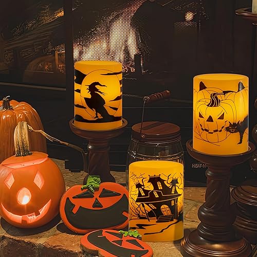 Miniatura 2 de HN HAIINAA Velas de Halloween sin llama que funcionan con pilas con temporizador de 6 horas, velas LED parpadeantes de cera real, castillo, bruja,