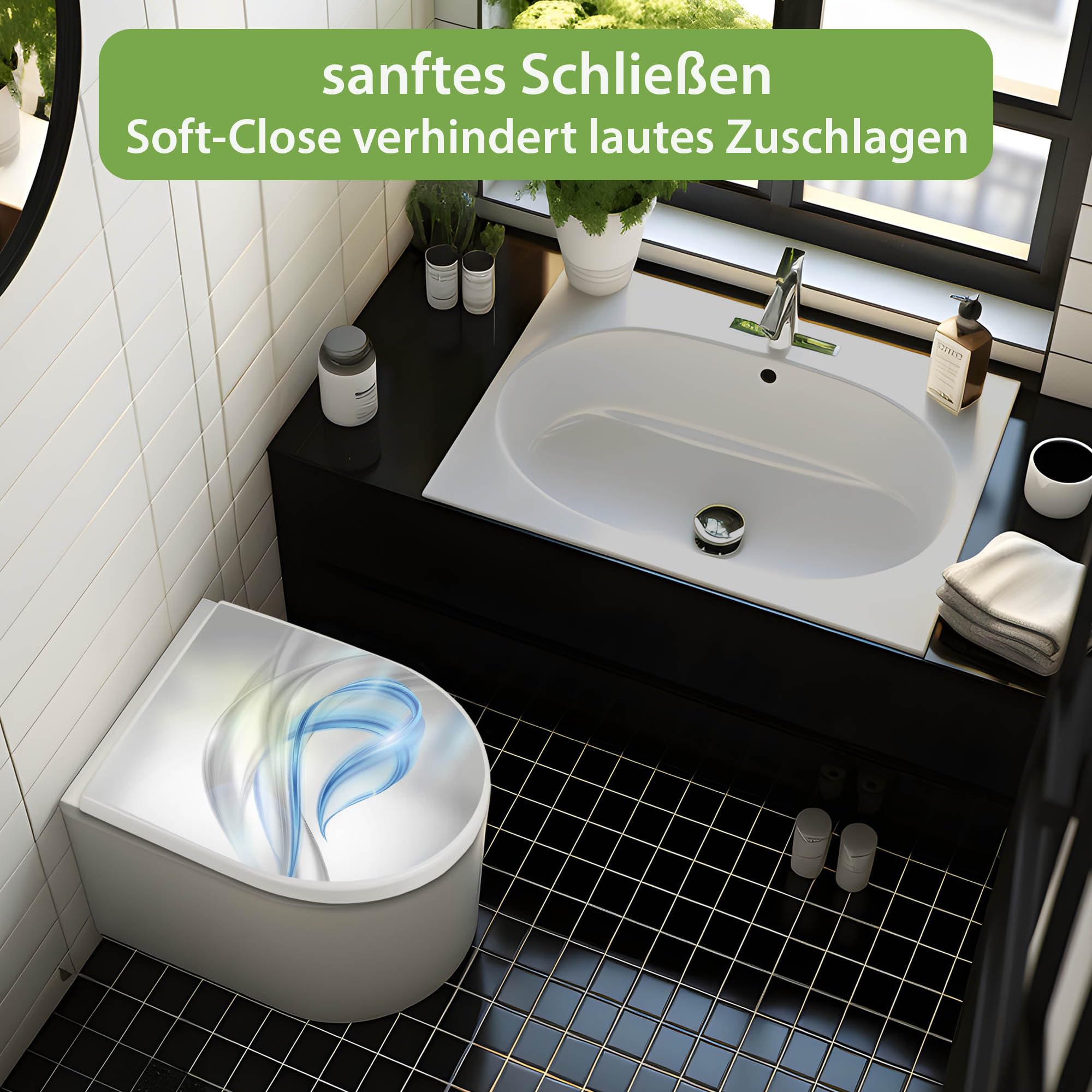 banjado WC Sitz mit Absenkautomatik D Form - Toilettendeckel mit Absenkautomatik D Form - Klodeckel Softclose - stabile Klobrille - Toilettensitz Weiß - Motiv Blauer Schleier