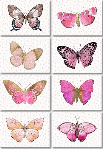 Butterfly Wall Art Prints - Watercolor Pink Butterflies Decor - (Set of 8) - 5x7 - Unframed