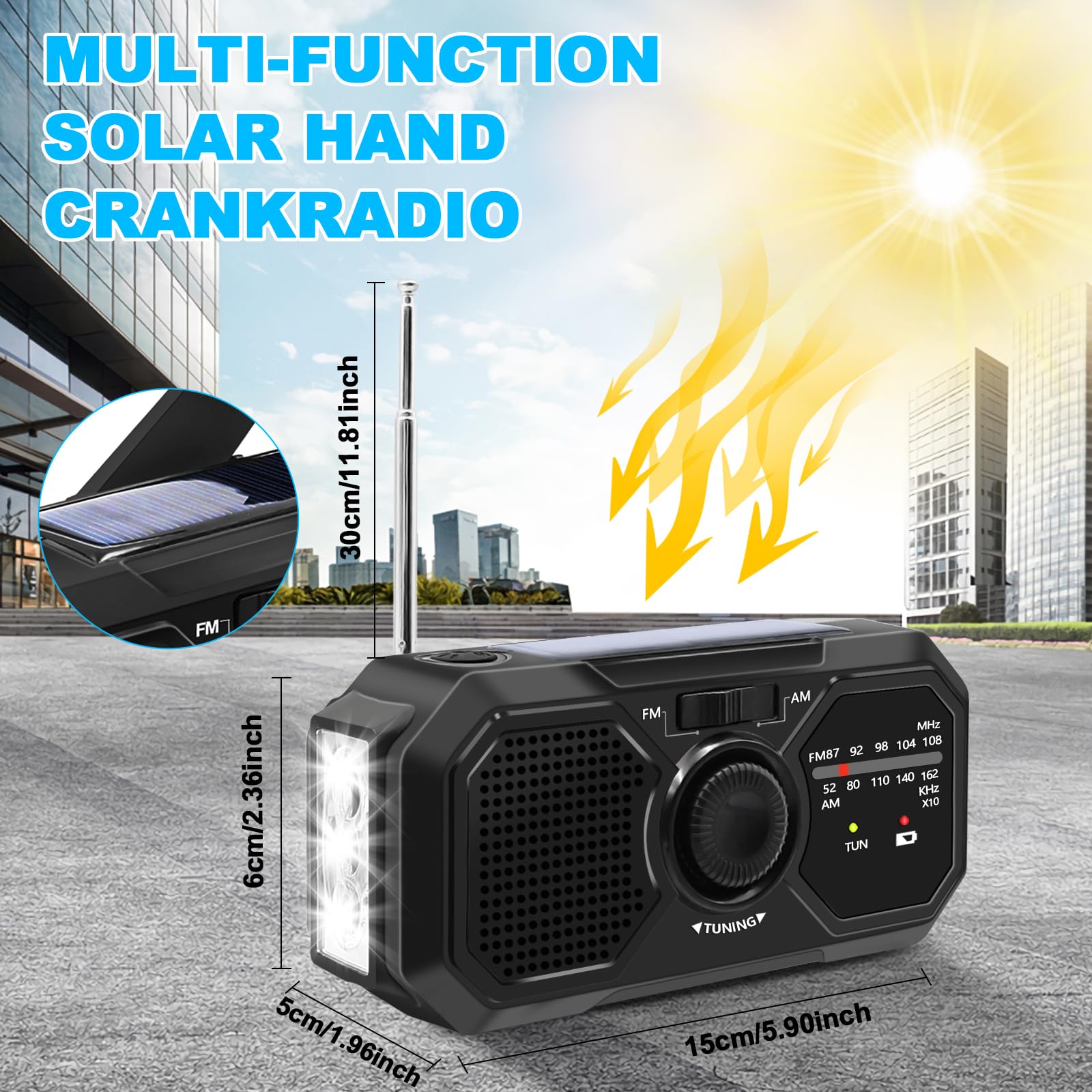 Radio a Manovella Radio Energia Solare di Emergenza Radio Solare FM/AM Radiolina a Manovella Dinamo con Batteria Ricaricabile da 2500 mAh/Allarme SOS e Torci Radio Solare Piccola per Casa e All'aperto