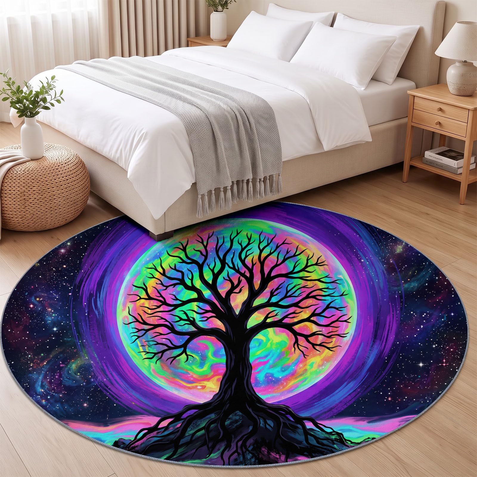 Générique 150 cm Tapis Rond De Style Fantaisie Tapis Arbre De Vie Lune Galaxie Ultra Fin, Doux, Antidérapant, Lavable - Convient pour Chambre à Coucher Entrée Salle à Manger Dortoir Familial