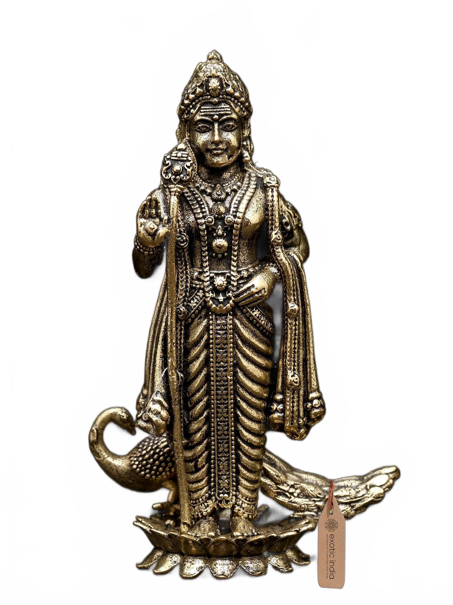 Exotic India 3" Small Superfine Lord Karttikeya Brass Statue | Karthikeyan Murugan Idol for Puja Mandir Murti, Home, Office, Table Décor