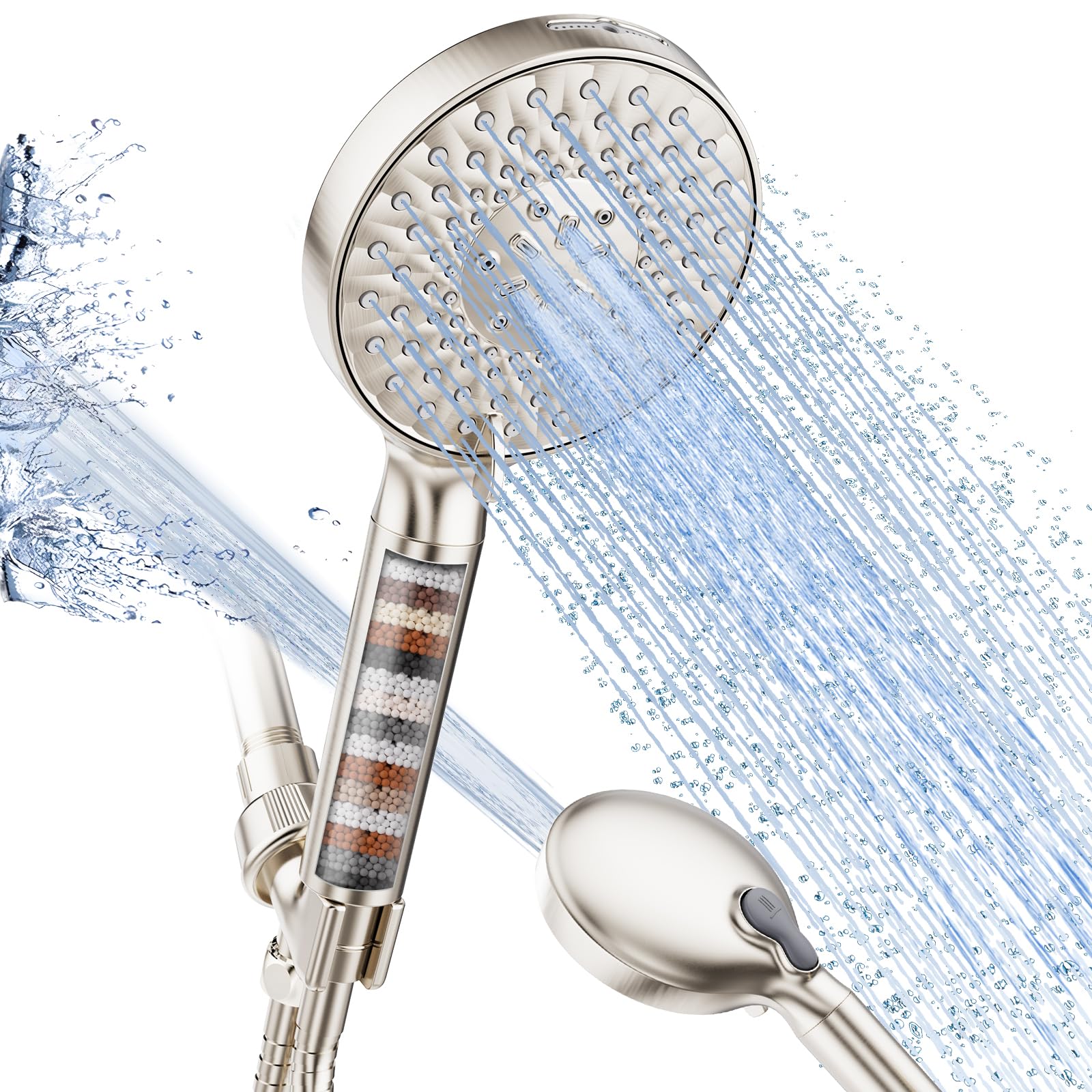 SR SUN RISE Filtered Shower Head with Handheld High Pressure 9 Spray Mode Showerhead Detachable Shower Head Water Softener Filters Beads for Hard Water Remove Chlorine 1 Filter Brushed Nickel
