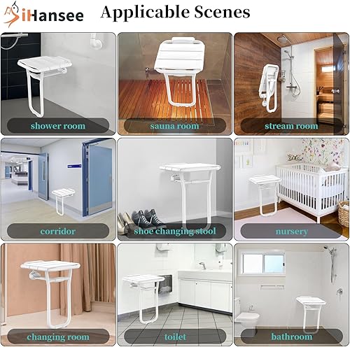 Miniatura 7 de Asiento de ducha plegable montado en la pared, capacidad de 500 libras, banco de ducha de acero inoxidable de 14 x 16 pulgadas con barra de agarre