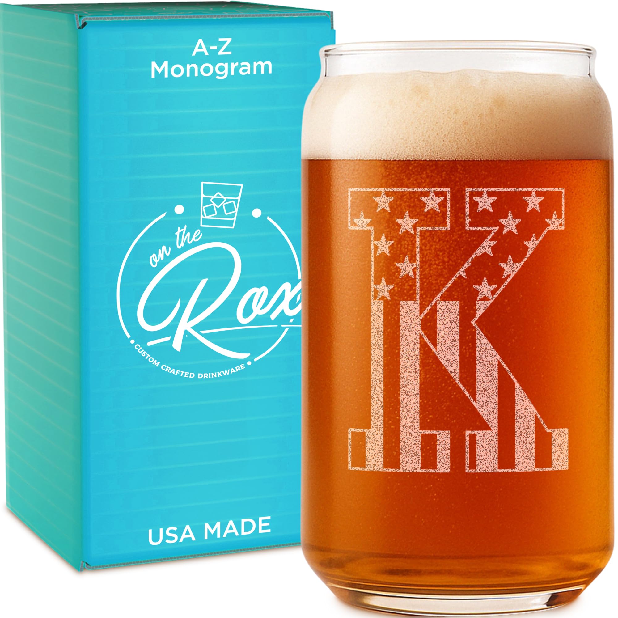 On The Rox Monogram Beer Glasses for Men (A-Z) 16 oz - Personalized Engraved Beer Gifts for Him - Groomsmen Gifts Brother in Law Dad Son Coworker - Unique USA Made Dishwasher Safe Pint Glass (K)