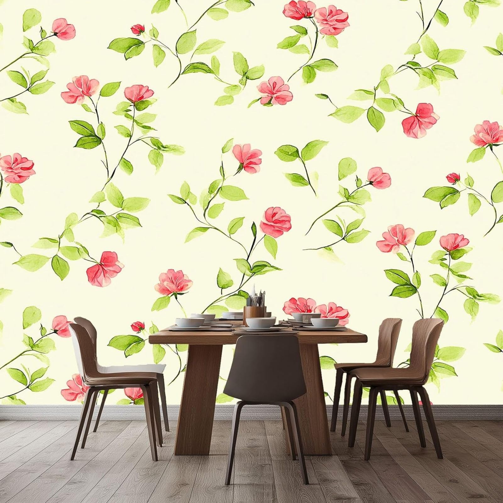 pdghsdkgjh 3D Non-Woven Photo Wallpaper Vintage Watercolor Flowers Leaves, Pink for Bedroom Living Room Children's Room, Modern Wall Decoration, 250cm x 175cm Stickers - Frameless Painting - Poster
