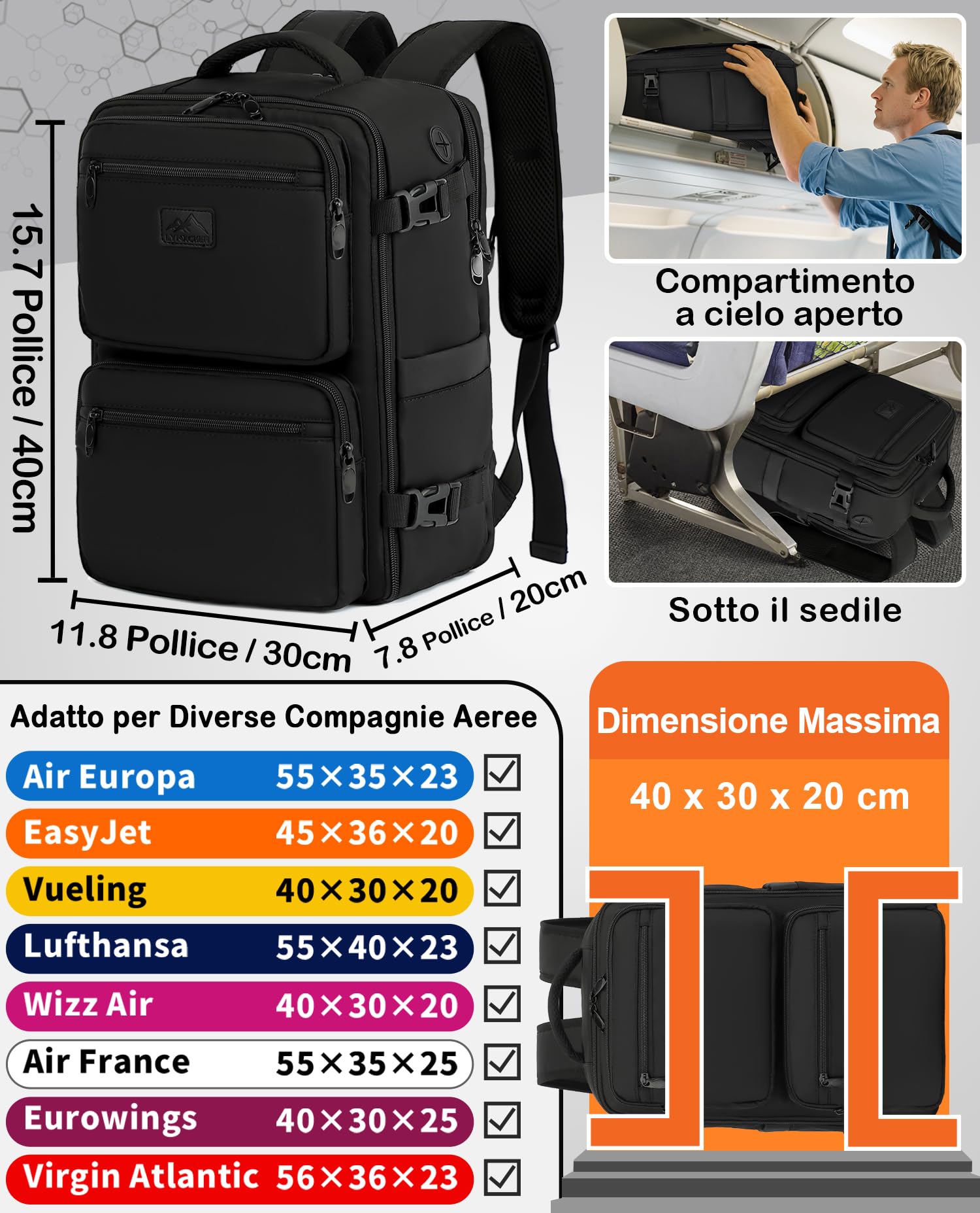 LYNXCHER Zaino Ryanair Easyjet 40x30x20 da Viaggio Aereo Bagaglio a Mano 24L per Uomo e Donna Borsa da Cabina 14 Pollici Porta PC Nero