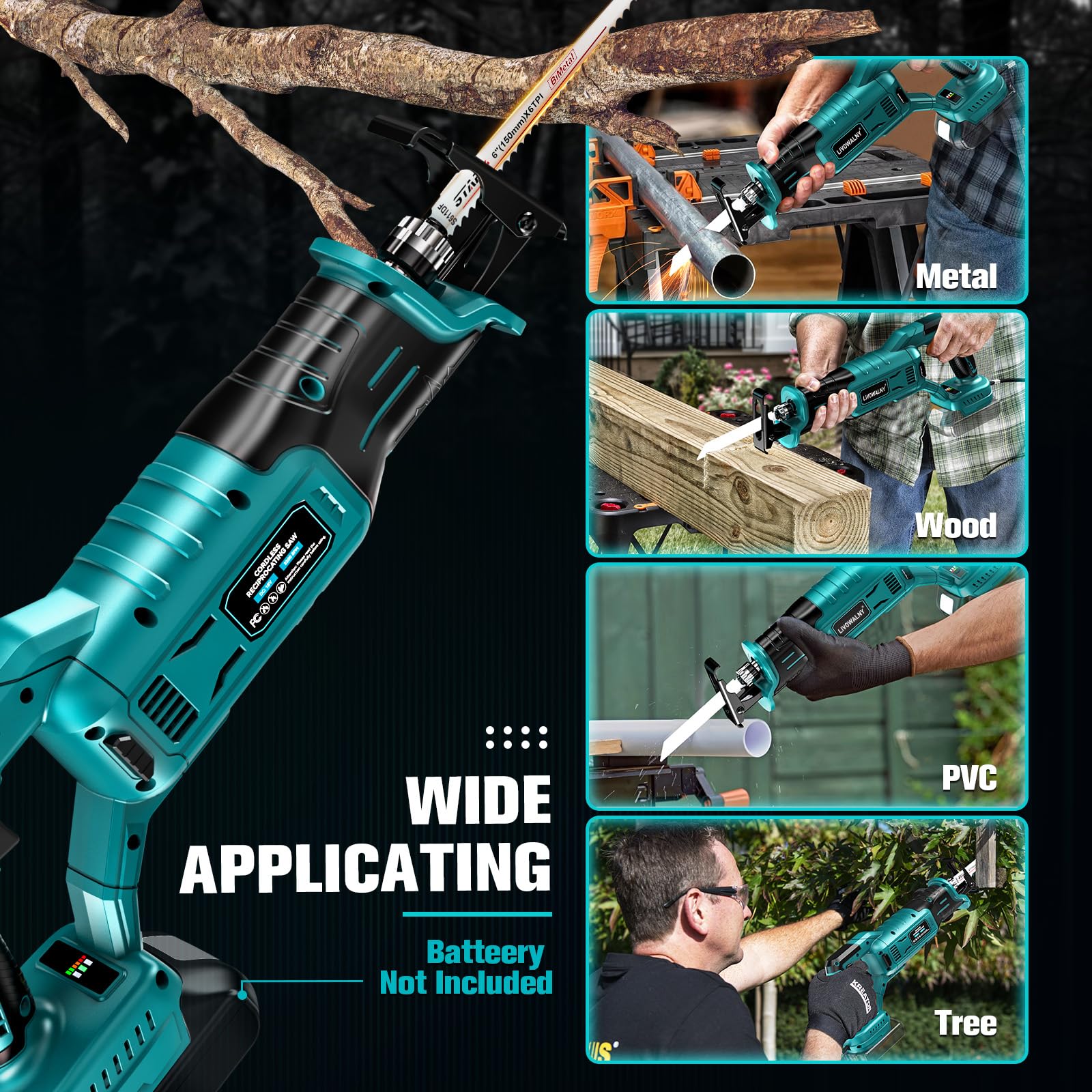 LIVOWALNY Akku Säbelsäge Kompatibel mit Makita 18V (Ohne Akku) - Reciprosäge Bürstenlos Motor 3200 SPM, 3 variable Geschwindigkeiten mit 4 Sägeblätter für Metall/Holz/PVC (Blau)