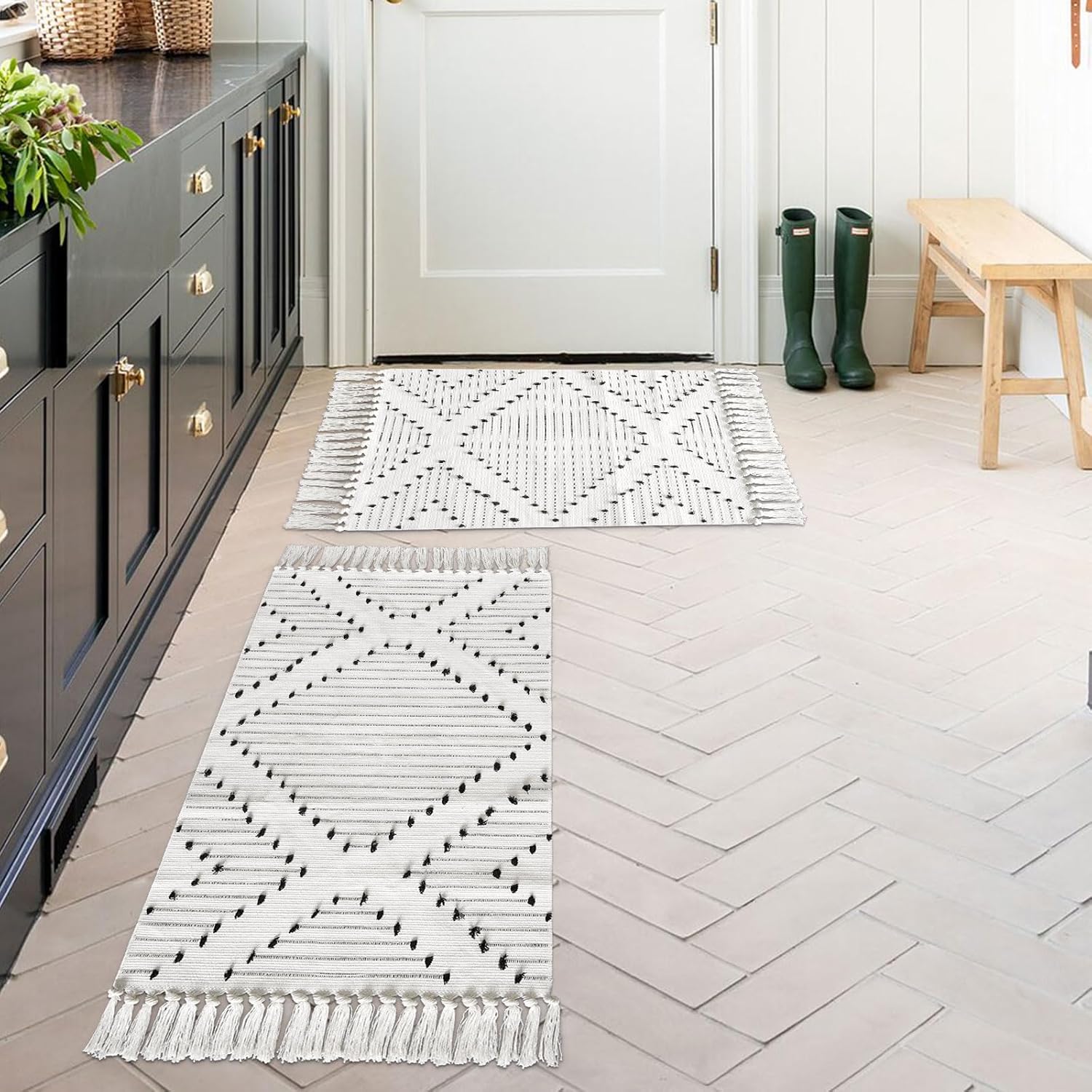 MitoVilla White Boho Bathroom Area Rug Set 2 Pcs 2'x3'+2'x4