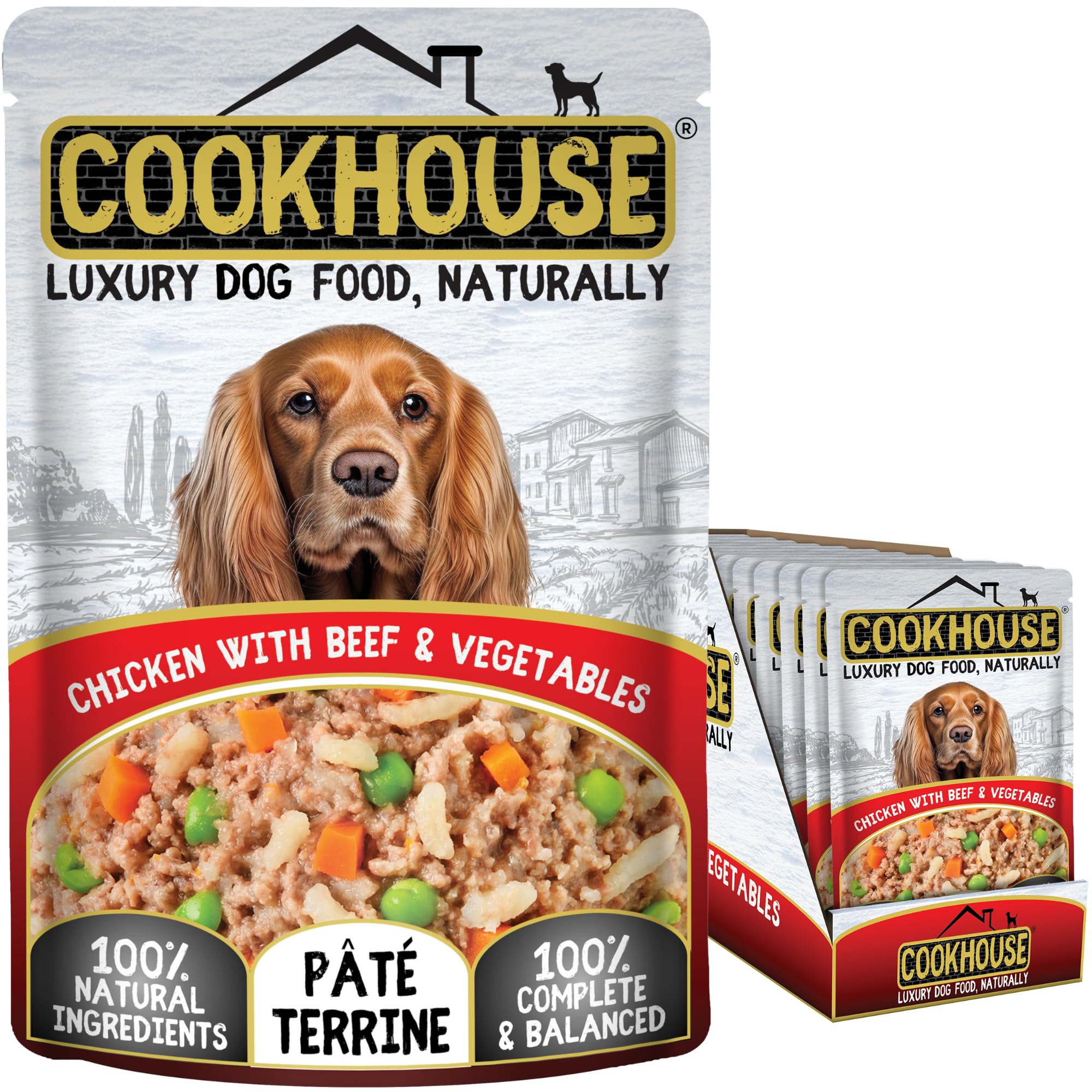 COOKHOUSE 100% Natural & Complete Luxury Wet Dog Food - 15 x 100g Pouches - Chicken with Beef & Vegetables - Pate Terrine