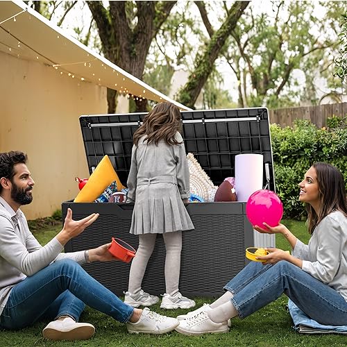 Miniatura 7 de GUNJI Caja de resina de 100 galones, caja de almacenamiento grande para exteriores, resistente a la intemperie y a los rayos UV, contenedor de