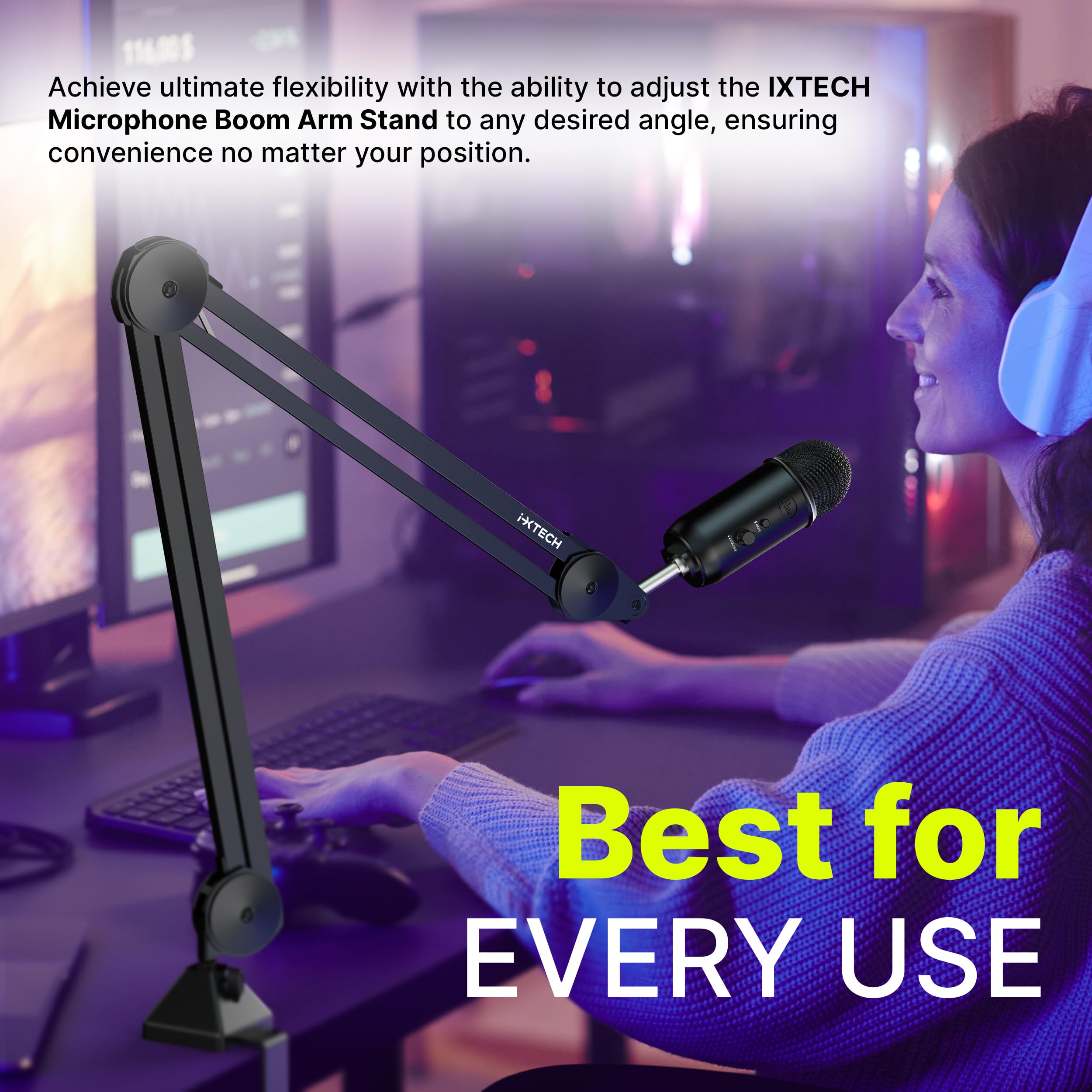 IXTECH Microphone Boom Arm Stand, Heavy Duty Adjustable Mic Stand with Cable Ties, Desk Mount Arm Stand for Gaming Streaming Podcasting (LARGE)