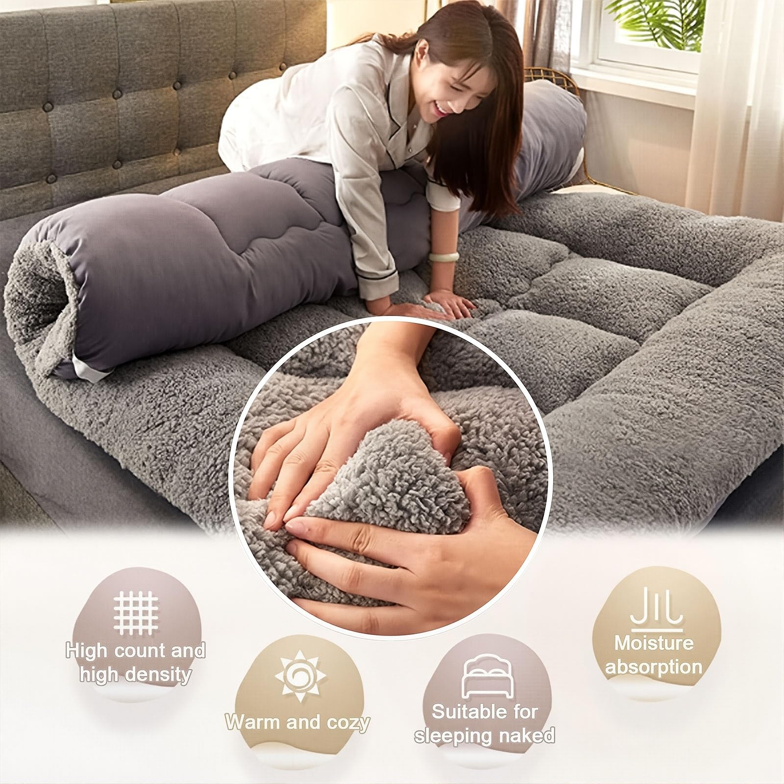 Matelas Futon Japonais Pliable En Peluche épaisse, Matelas De Sol, Surmatelas Futon Simple Ou Double, Lit D'appoint Portable Et Doux Pour Camping-Cars, Chambres D'amis Et Dortoirs(Gray,90x200cm)