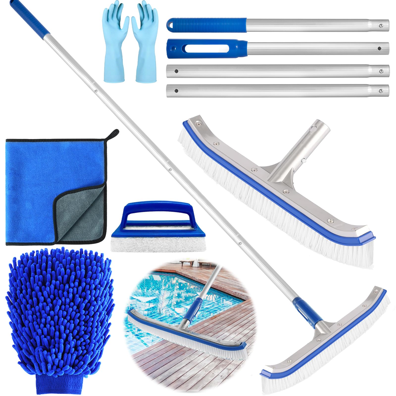 Cepillo de Piscina 160 cm, Cepillo Piscina con pertiga, Cepillo para Limpiar Piscinas 44cm, con Barra de Aluminio Ajustable y Parte Trasera de Aluminio Reforzado para Paredes, Azulejos