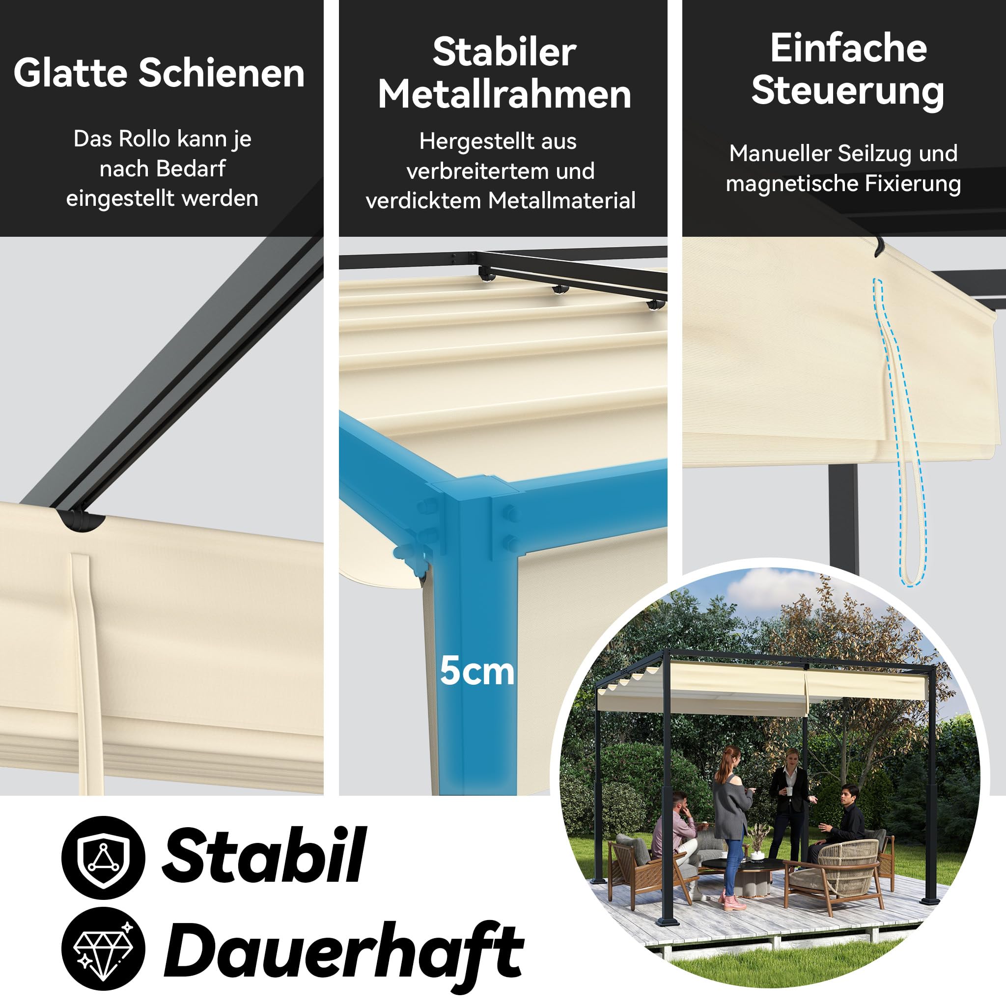 YRHome Pergola z przesuwnym dachem 3 x 3 m, pawilon ogrodowy ze stali i poliestru, wodoszczelny i odporny na warunki zimowe, wolnostojący dach tarasowy z wytrzymałymi metalowymi kolumnami, ochrona