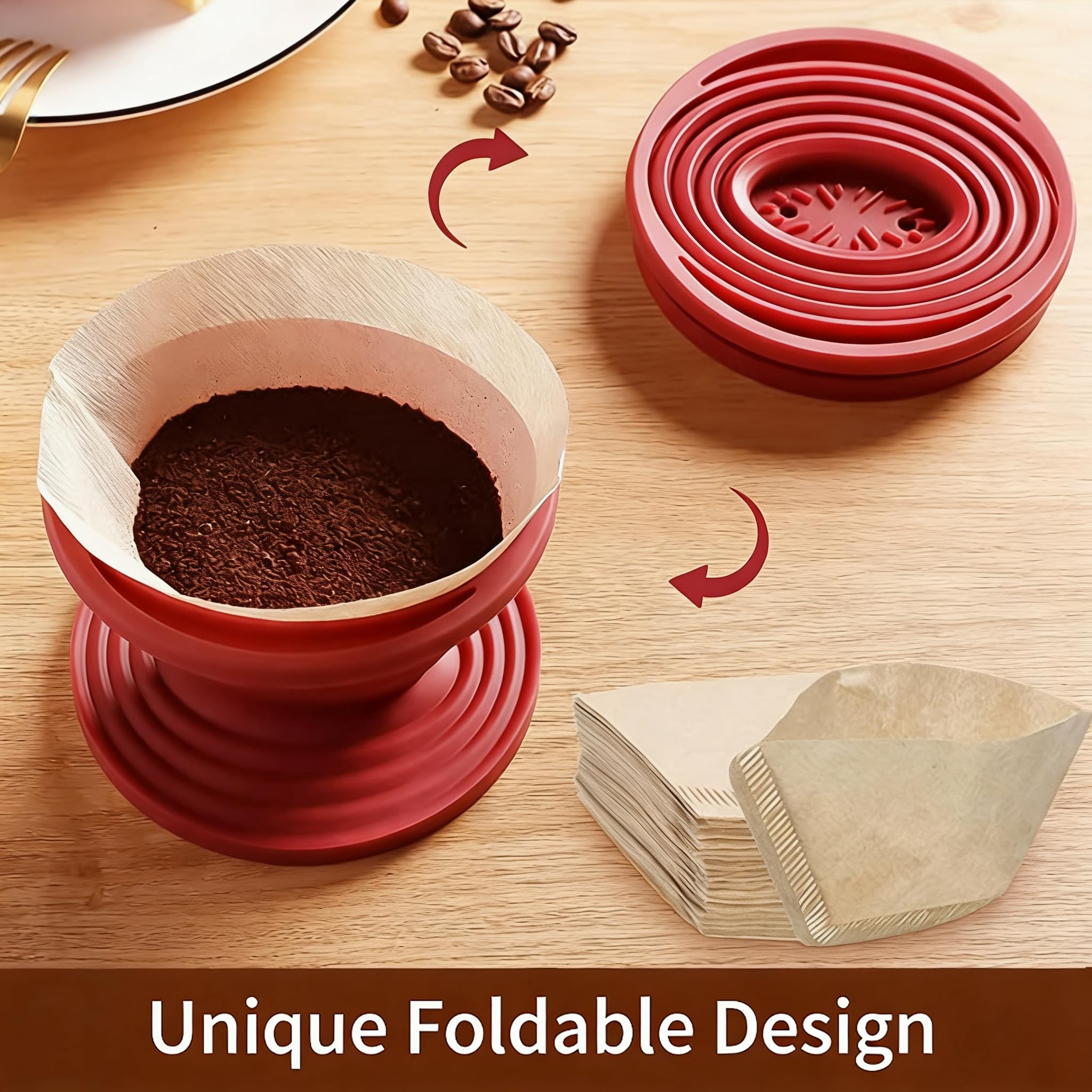 Collapsible Faltbarer Silikon Kaffee Tropfer mit 50 Papierfiltern Wiederverwendbarer Kaffeefilter für Zuhause Camping Reise Büro Groß Kegel V02 2-4 Tassen Rot