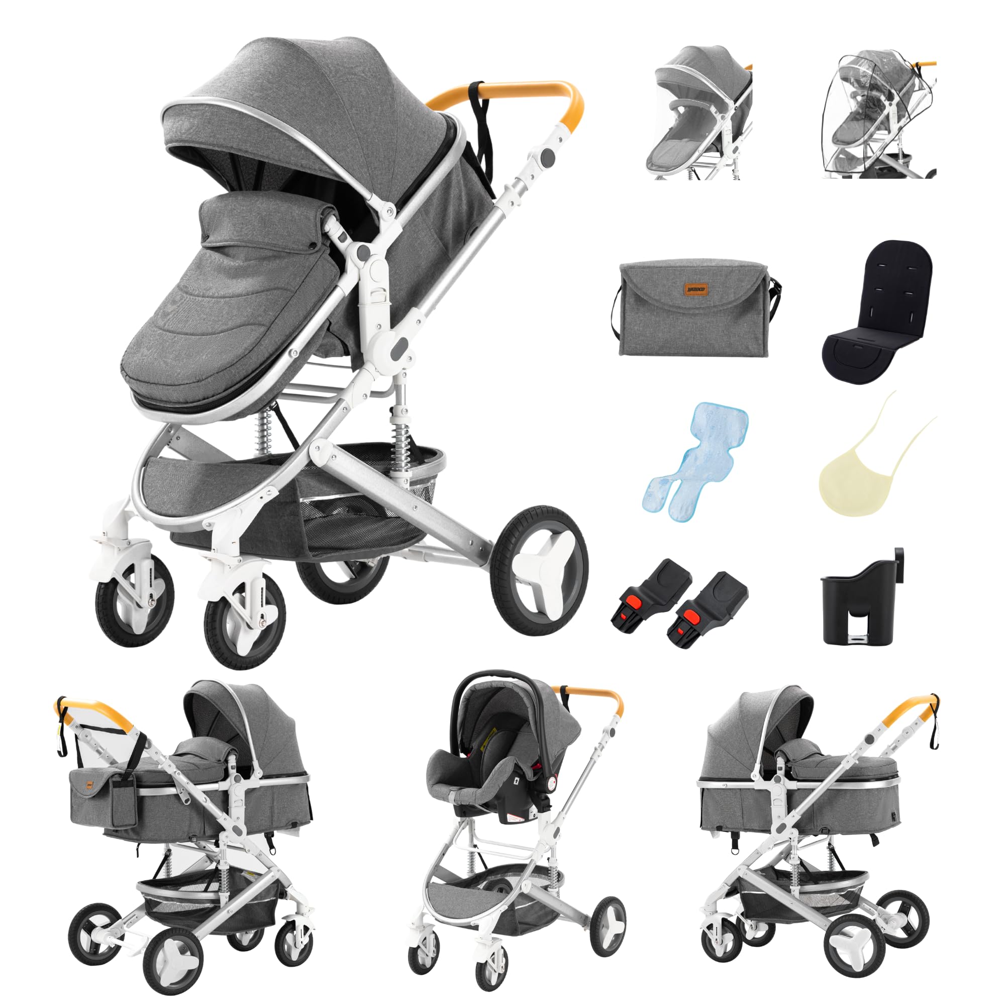 GLOKID Baby prams 3 in 1, Baby Stroller, Baby Travel System, Portable One-Click Folding, Mosquito net, Rain Cover, Mommy Bag, Aluminum Frame, for Newborn 0-4 Years (H530 Grey)
