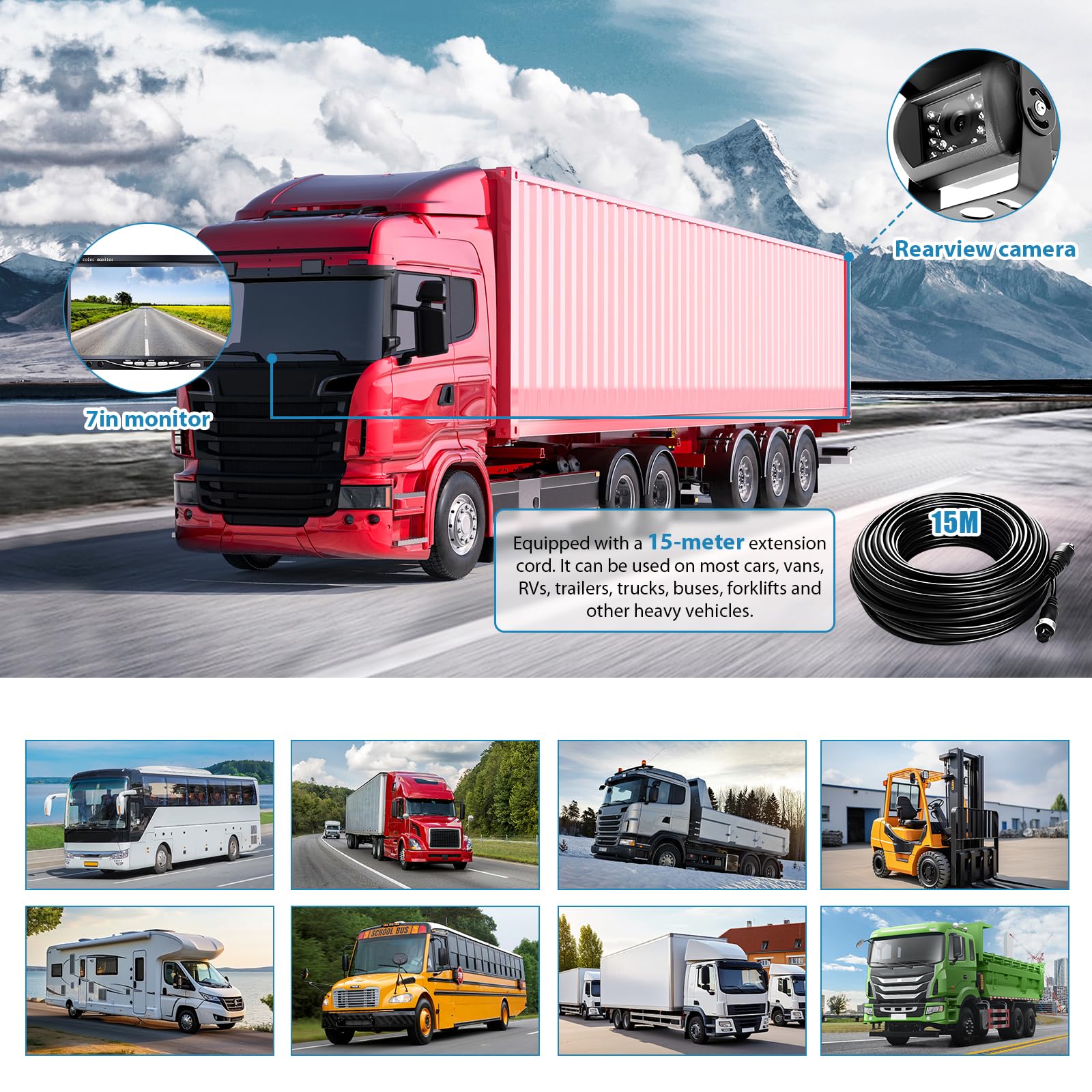 Kit Caméra de Recul et Moniteur LCD 7 Pouces écran, Vision Nocturne | IR Caméra de Recul filaire étanche avec 18LED 12V-24V Caméra Filaire avec 15M Câble pour Camping Car, Camions, Remorques, Bus