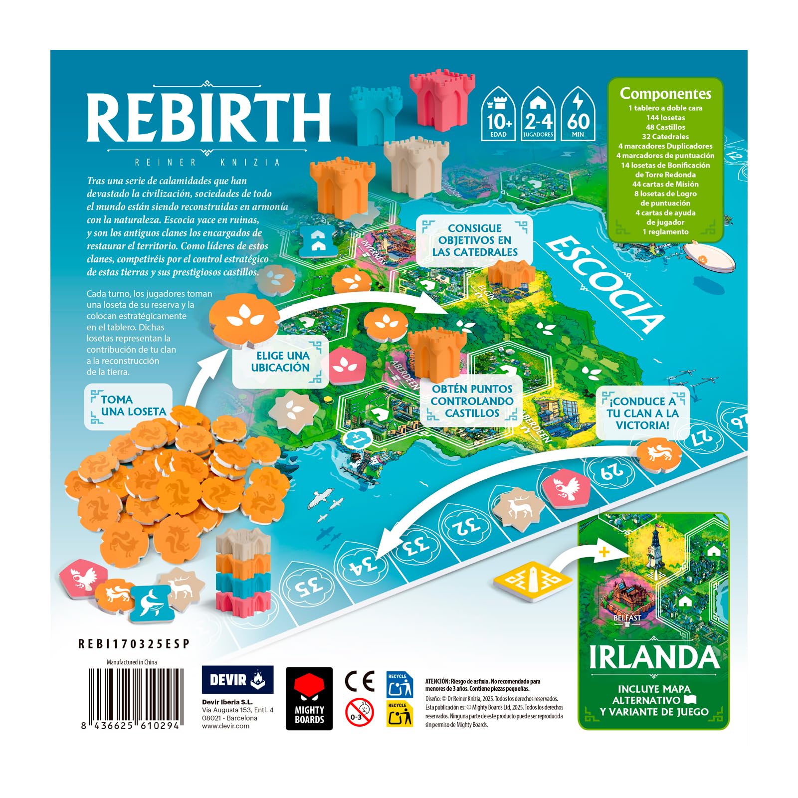 Devir - Rebirth Strategia i kontrola obszaru gra planszowa, układanie płytek, średniowieczny motyw celtycki, Reiner Knizia, 2-4 graczy - wersja hiszpańska