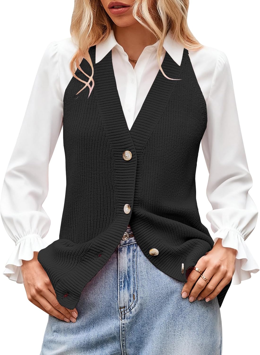 Sumtory Women Sweater Vest Button Down V Neck Knit Tank Top Sleeveless Cardigans