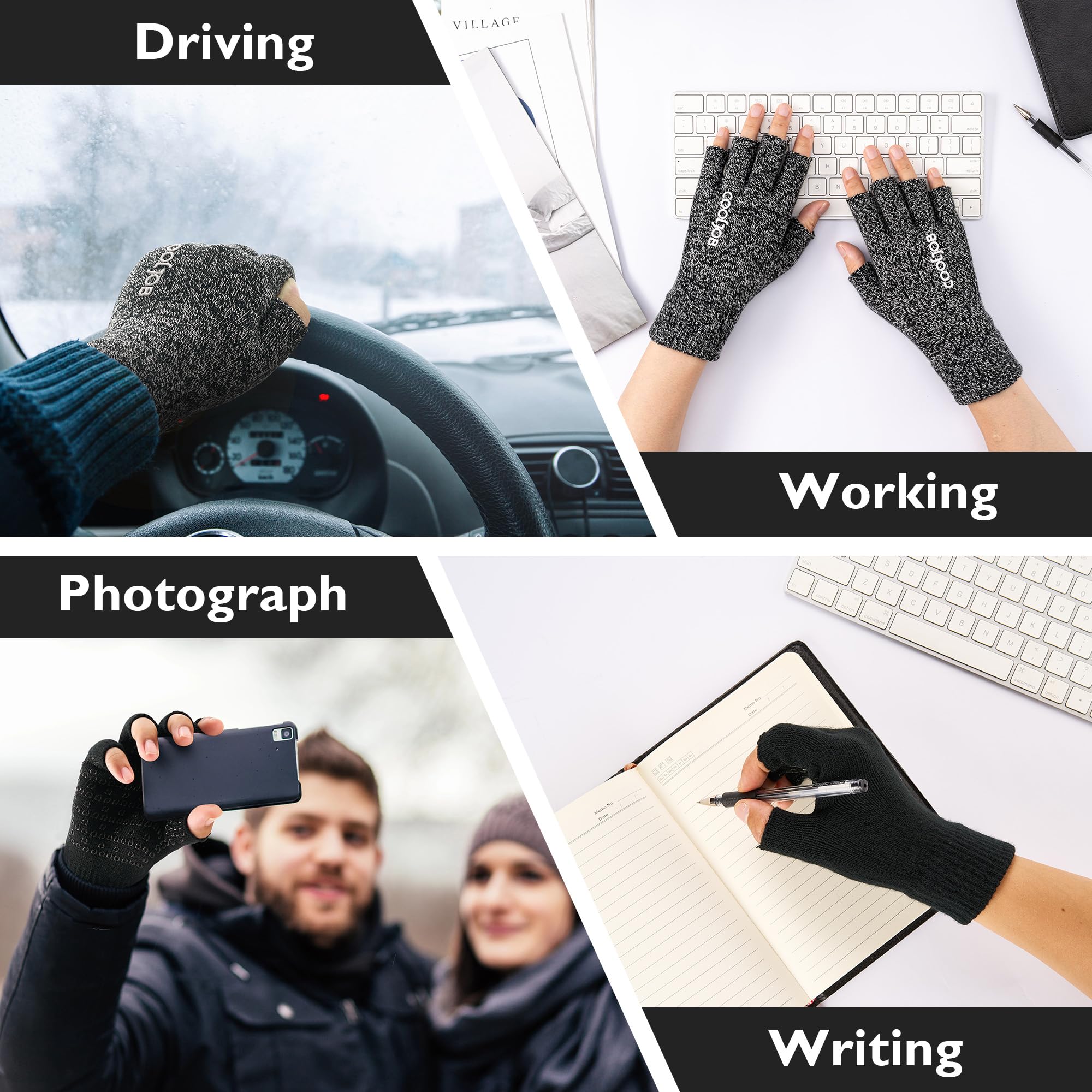 COOLJOB Lot de 2 paires de gants sans doigts pour homme et femme, gants chauds en tricot, antidérapants pour le travail à la maison et les sports de plein air