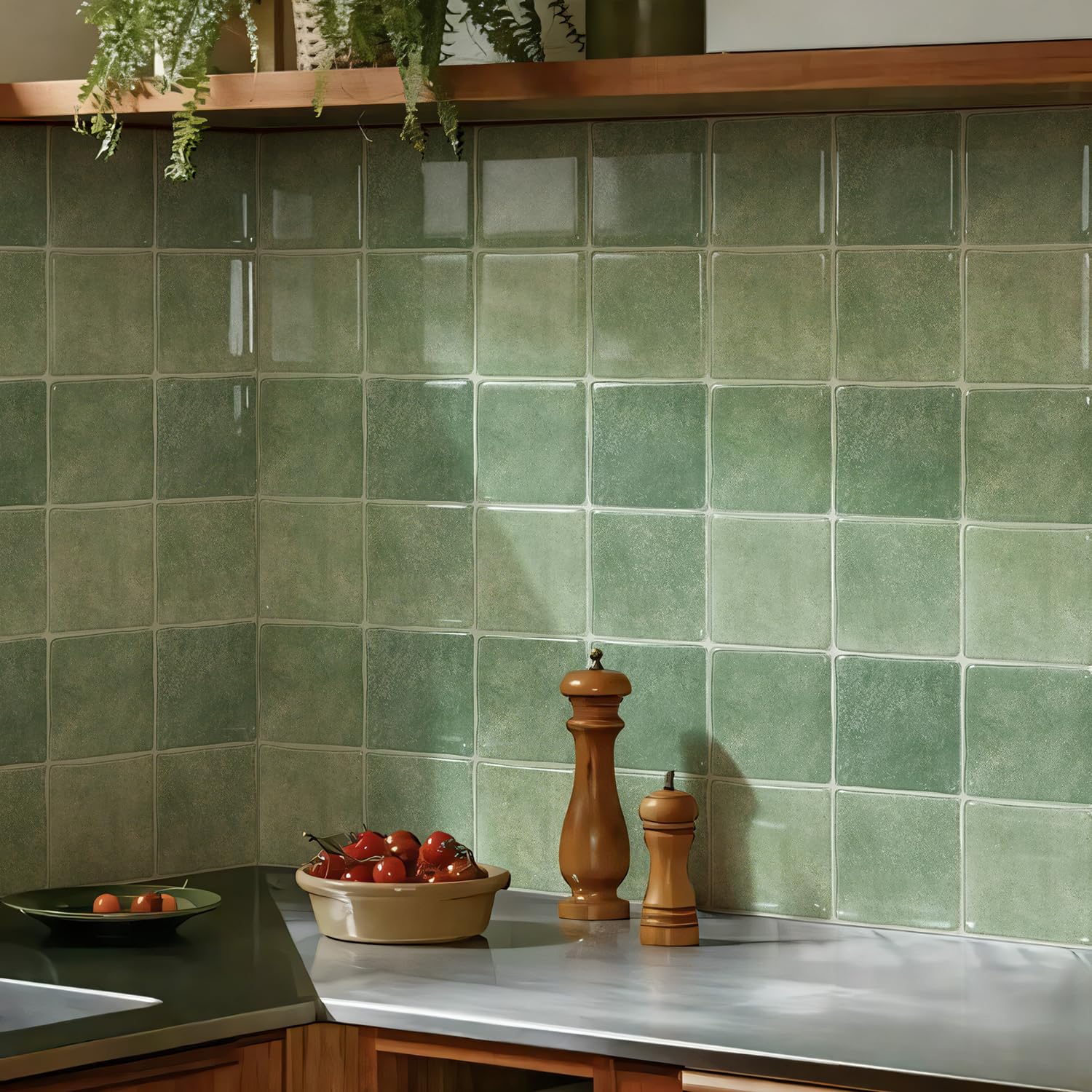 Alwayspon Piastrelle adesive da parete in vinile 3D, 25,4 x 25,4 cm, 10 pezzi, autoadesive, impermeabili, paraspruzzi, per cucina, bagno, parete, verde salvia
