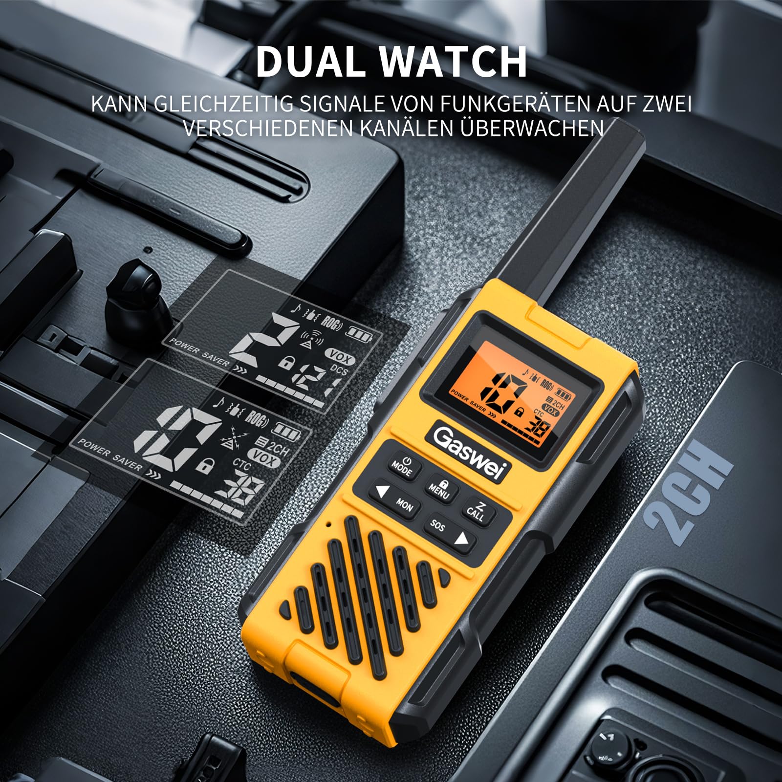 Gaswei G1pro+ IP67 wasserdichte Walkie-Talkies mit großer Reichweite | Lizenzfreies PMR 446 Funkgerät mit VOX-Handsfree, SOS-Notruf & FM-Radio für Camping, Outdoor, Reisen & Baustelle (2 Stück)