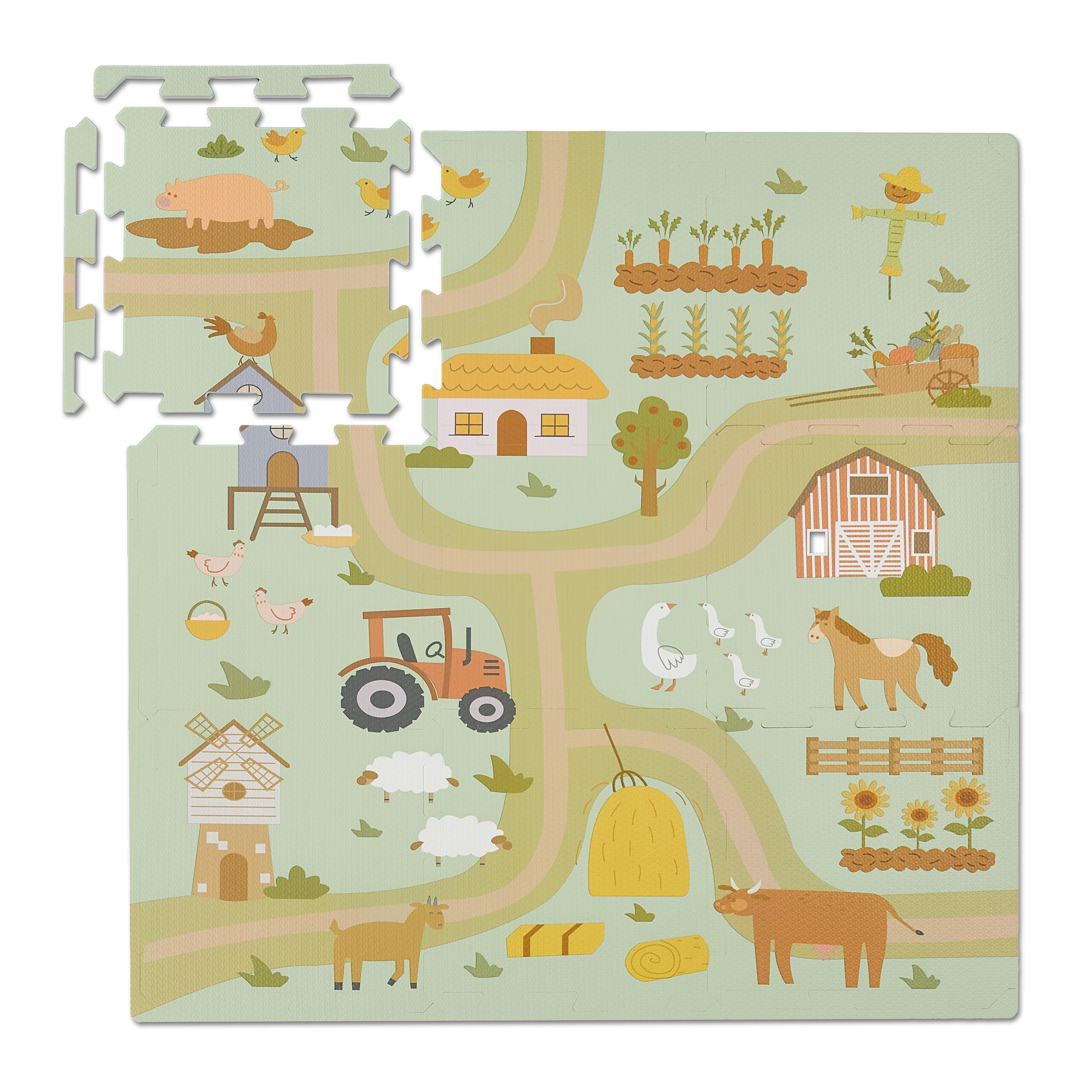Relaxdays Alfombra Puzzle, 21 Piezas, Alfombrilla Juego, Diseño Granja, Esterilla Gateo, Espuma sin Tóxicos, Multicolor, 89,5x89,5 cm