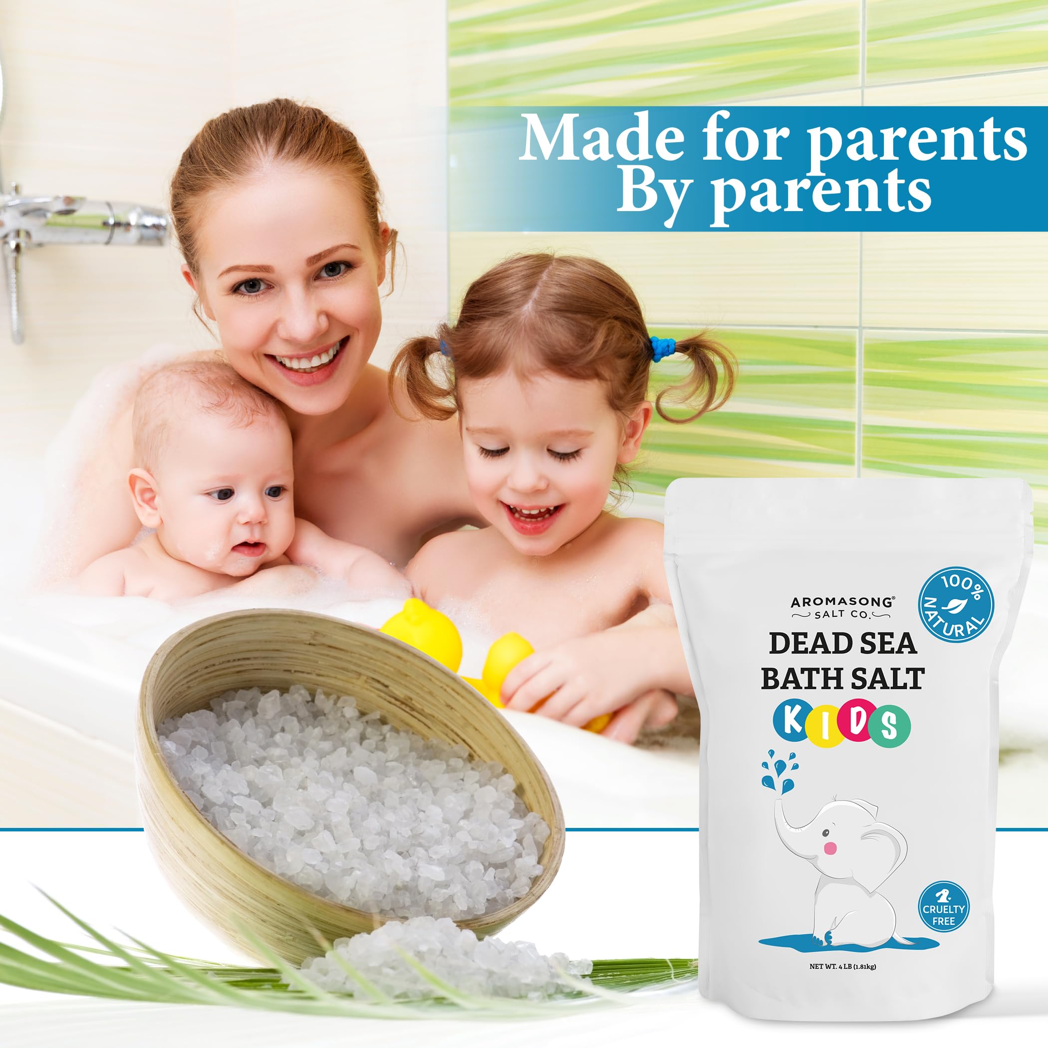 Aromasong Sal del Mar Muerto para niños, 4 libras. Paquete resellable grande de grano fino, 100% puro y natural.