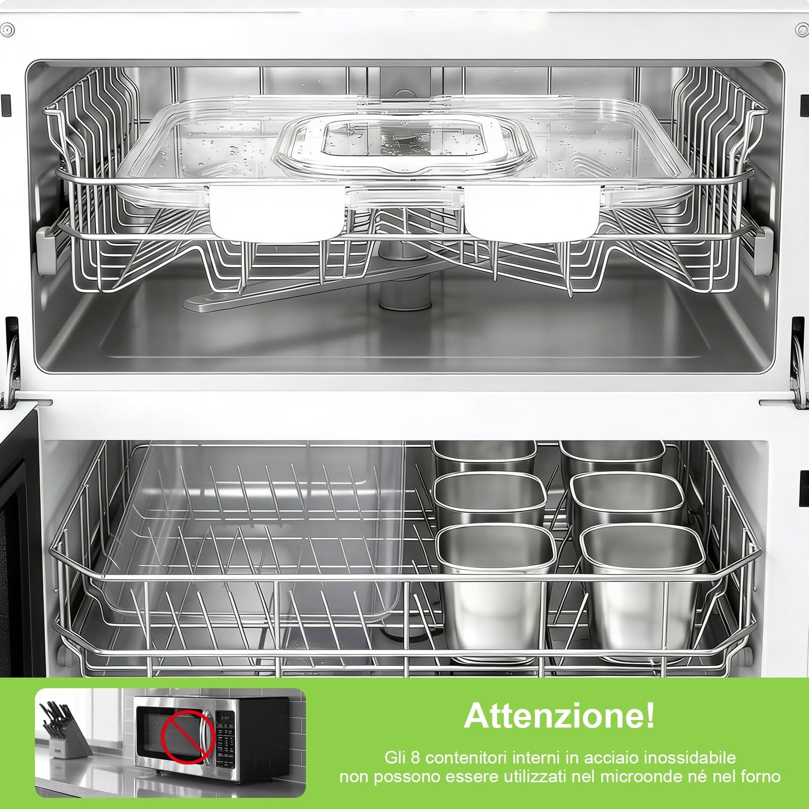 Contenitore Snack 8 Scomparti Acciaio Inossidabile, Piatto Snack Manico e 8 Coperchi Singoli, Contenitore Scomparti, Per Dolciumi, Frutta Secca, Frutta, Verdura