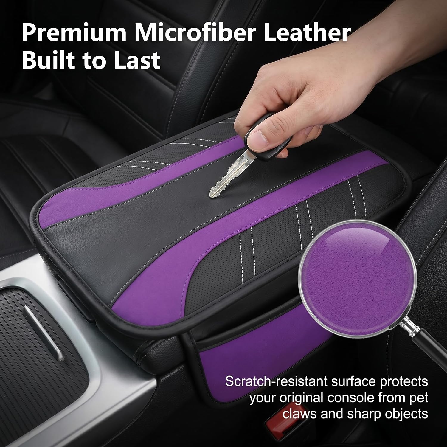Car Center Console Cover, Sporty Scratch-Resistant Leather Armrest Cushion, Comfortable Non-Slip Elbow Pad with 2 Storage Bags, Interior Protection Accessories for Car SUVs Truck (Purple)