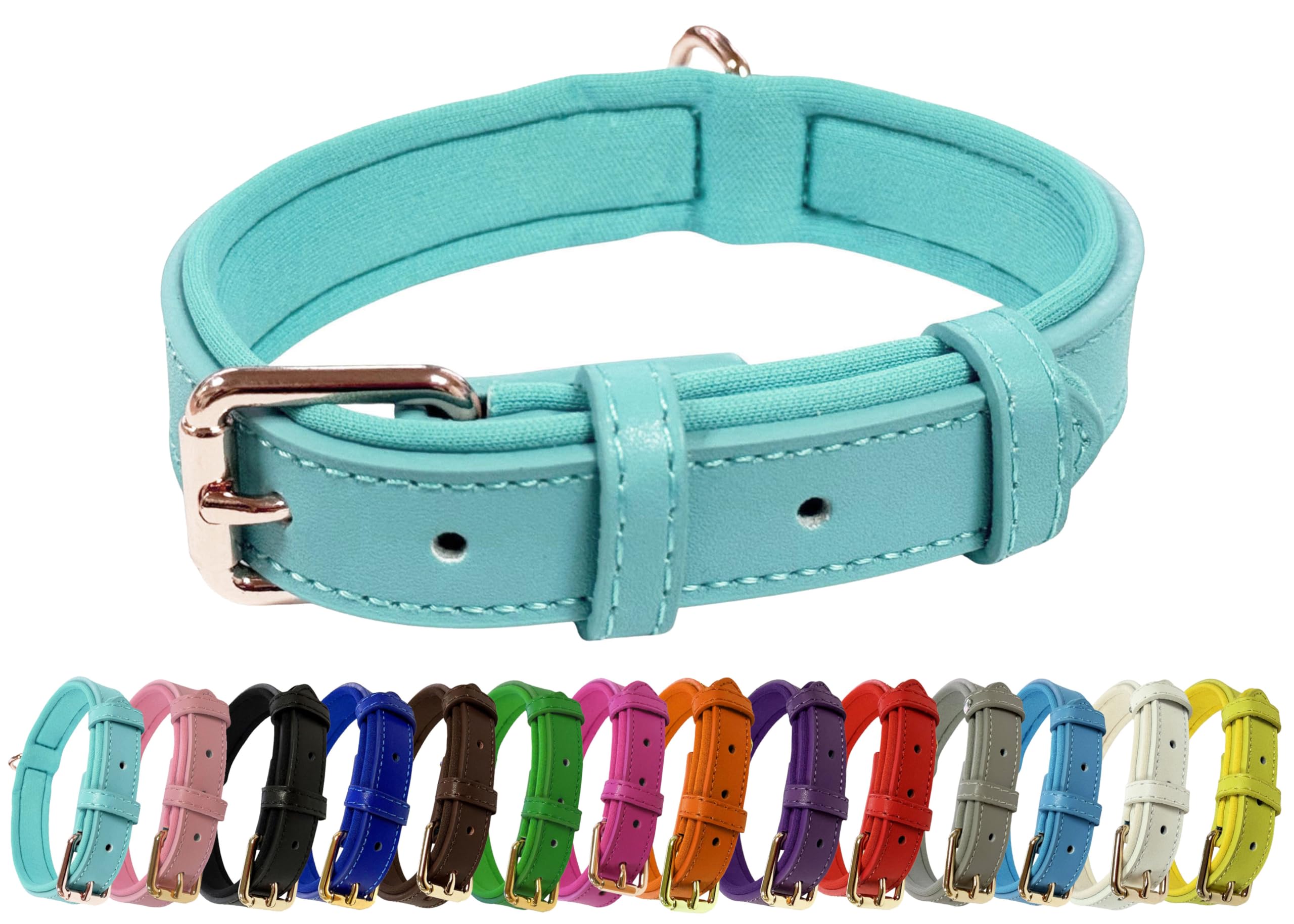 Vibrant Genuine Leather Adjustable Dog Collar with Soft Neoprene Padding, Metal Buckle and D-Ring, For Small, Medium & Large Dogs (Baby Blue, Small (25-33cm Neck))