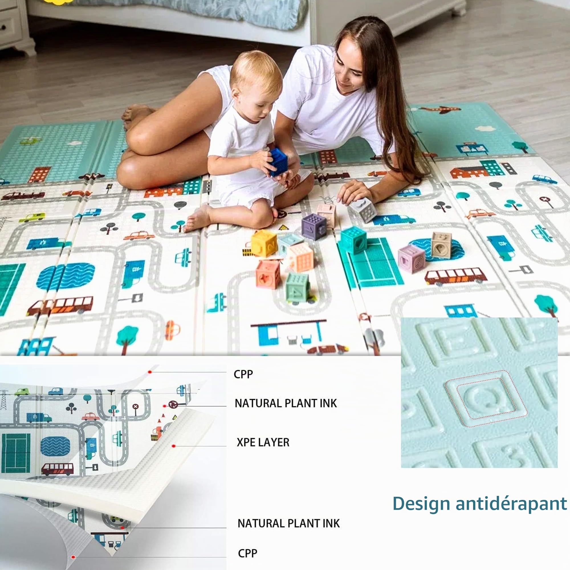 Grand tapis de jeu en mousse pour enfants, tout-petits, nourrissons, ultra épais, pliable, antidérapant, 79.8 cm x 200 cm, Trafic.