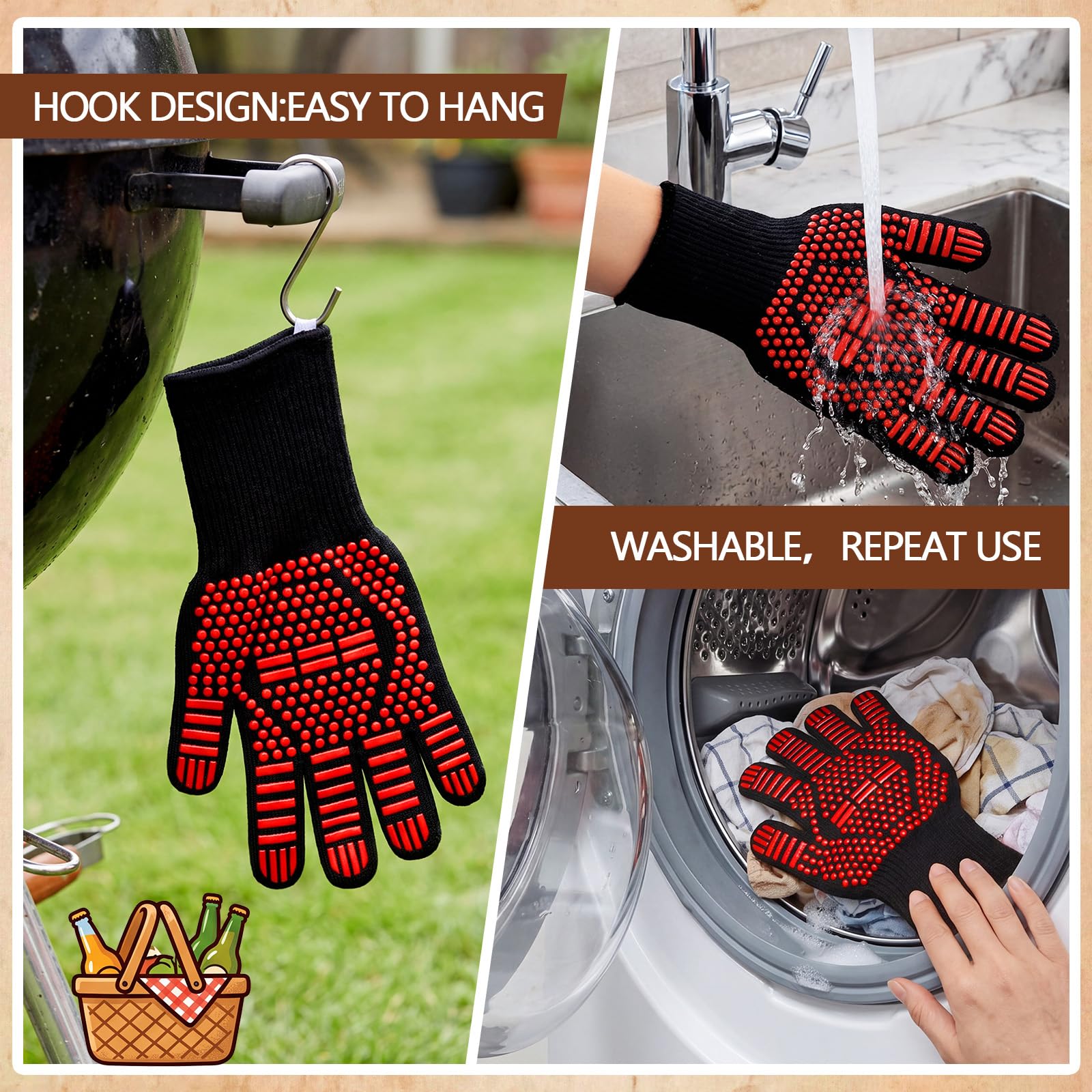 Sawysine Juego de 6 herramientas para barbacoa, cepillo de limpieza sin cerdas con 3 cabezales de repuesto, guantes resistentes al calor, cubo de agua plegable de 15 l para acampar al aire libre