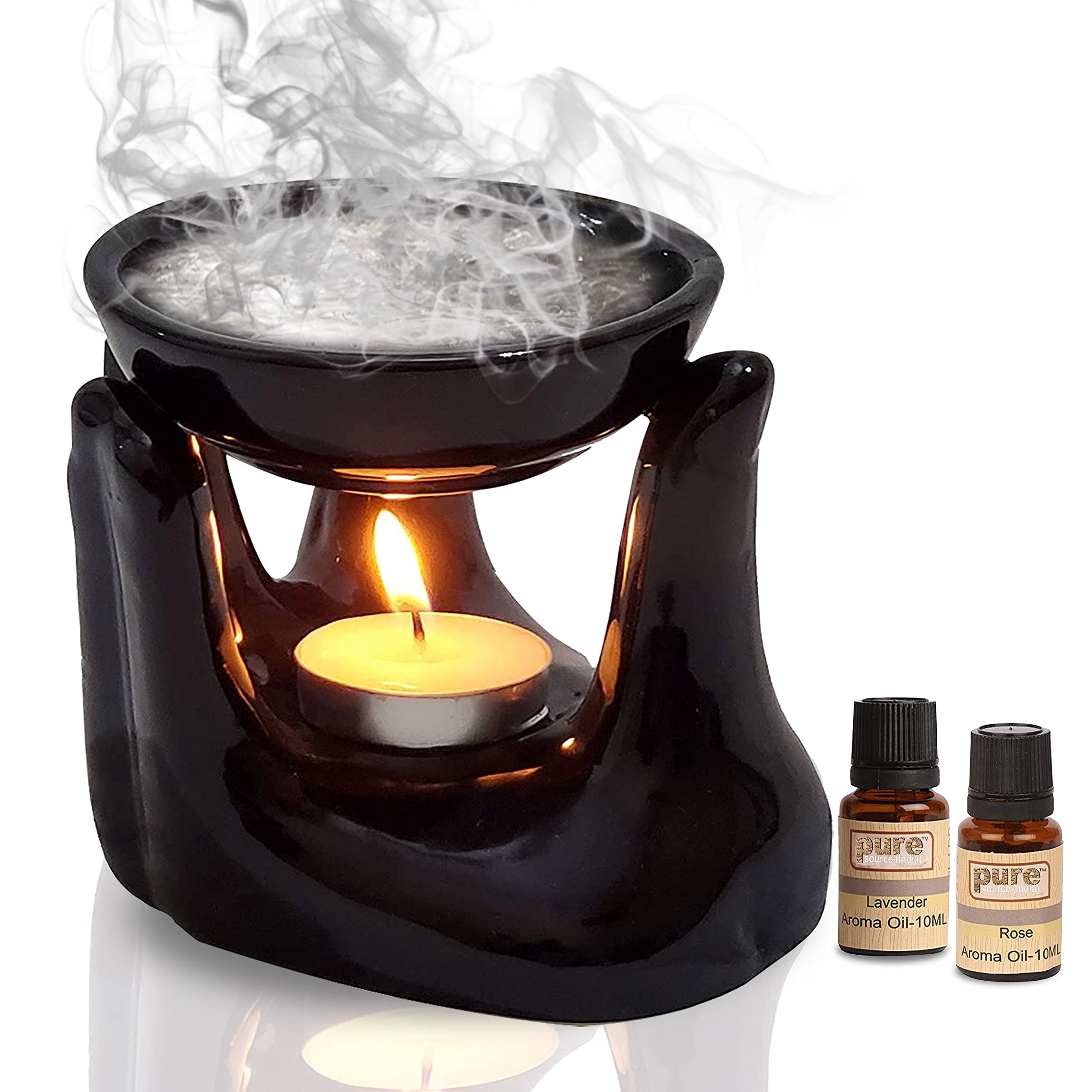 Pure Source India Ceramic Hand Type Aroma Diffuser Oil Burner with Lavender & Rose Oil 10ml Each (Black)