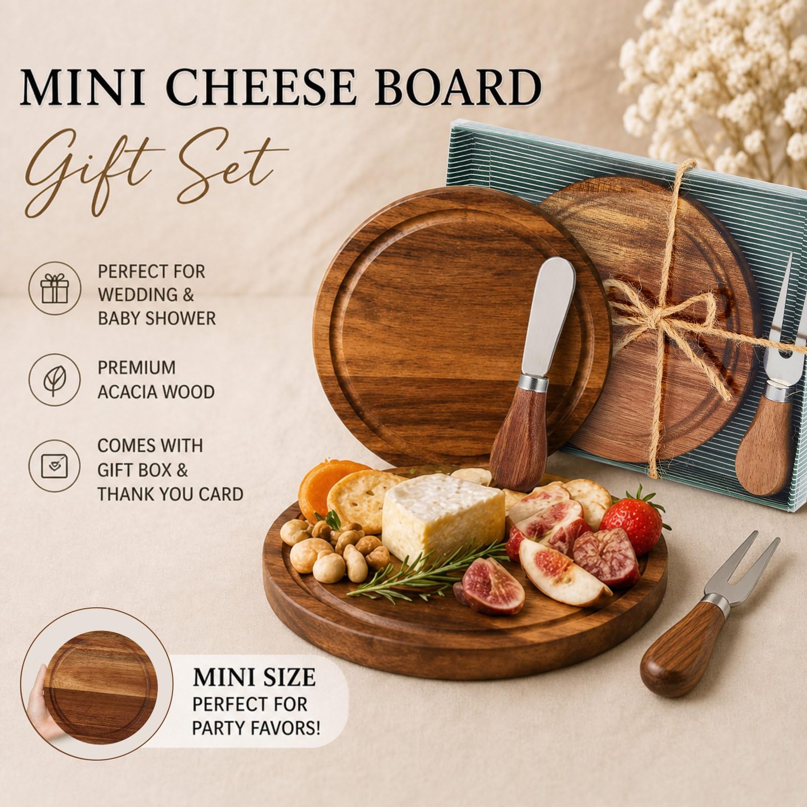 Maxcheck Juego de 6 juegos de premios de juego de novia para baby shower, juego de mesa redonda de queso, mini tabla de embutidos de madera con cuchillos y tenedores, tarjeta de agradecimiento a