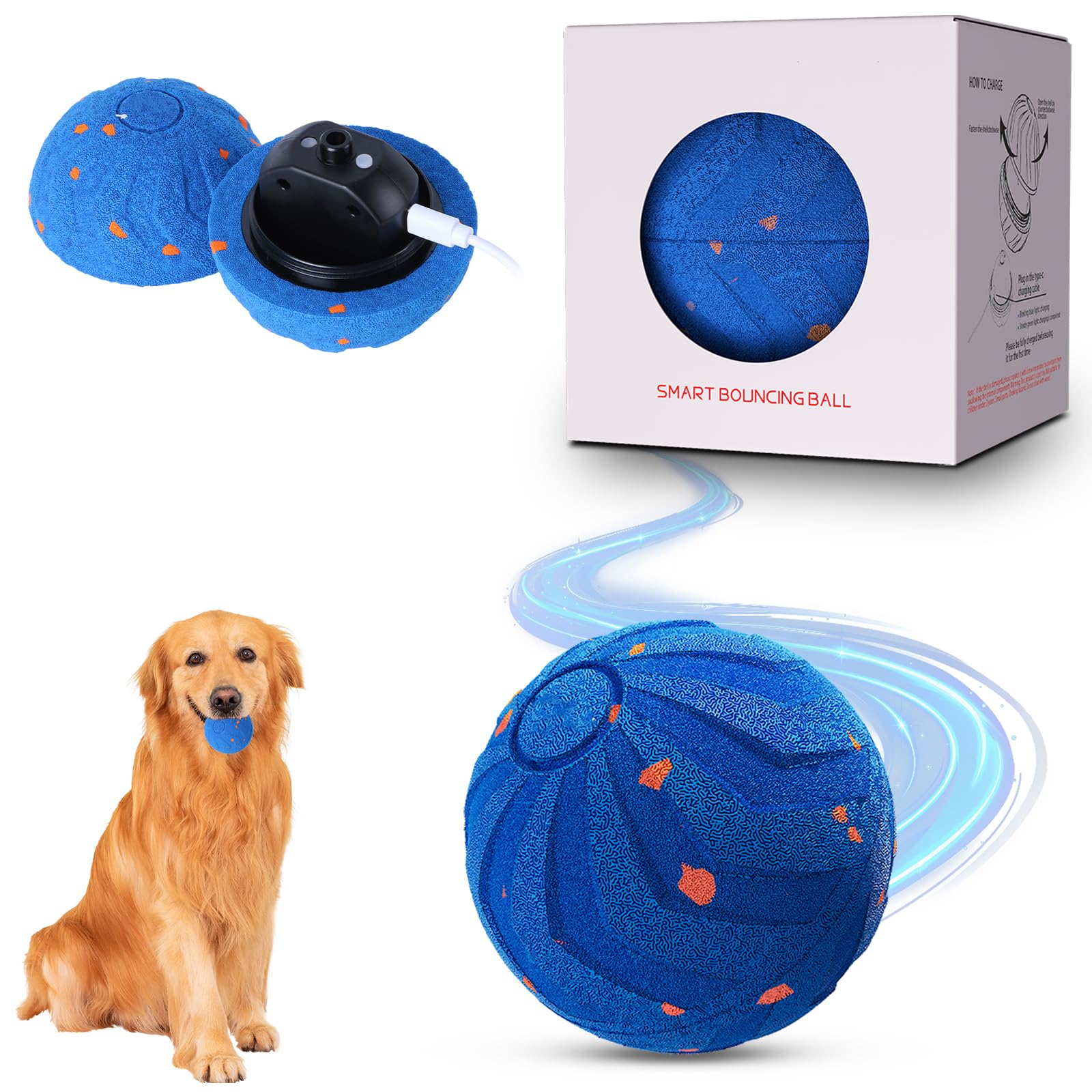 LJEC Smart Interactive Dog Toys - Automatic Moving Bouncing & Rotating Dog Ball with E-TPU Material, New Electric Dog Toy USB-C Rechargeable, Active Rolling Balls for Medium-Large Dogs(blue)