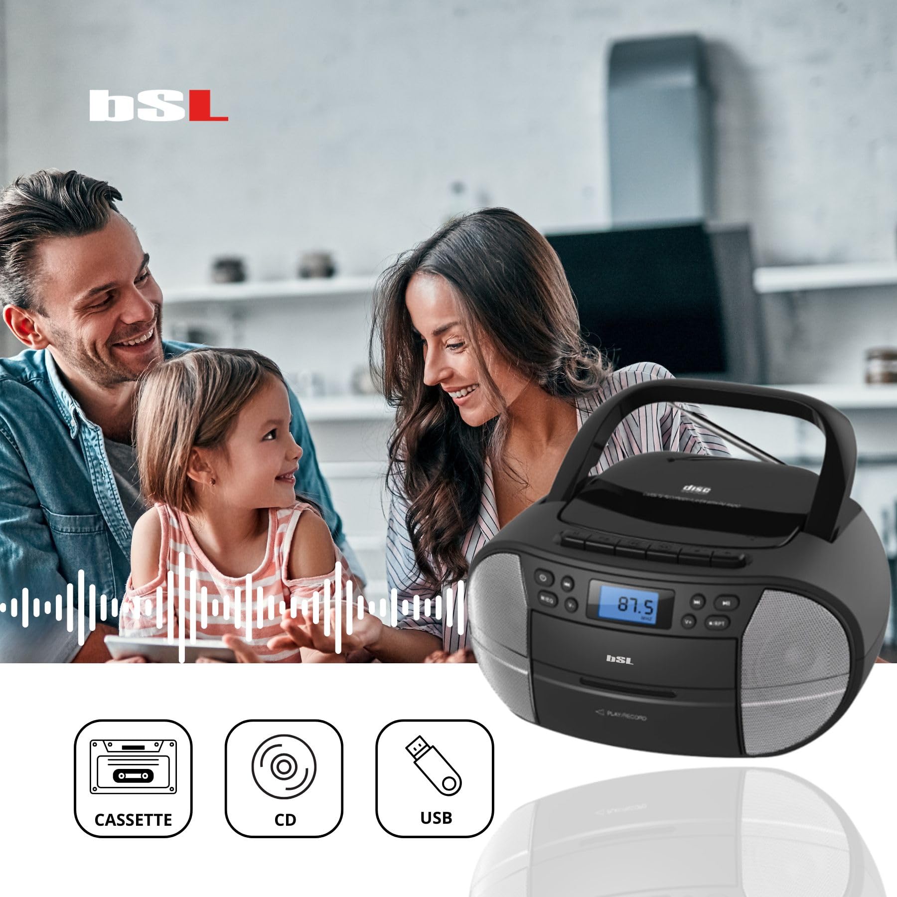 BSL Boombox Radio CD Portatile con Cassetta e Bluetooth JL2021A | 6W RMS | FM e USB | mp3 | Display LCD | AUX IN e Usb Cuffie
