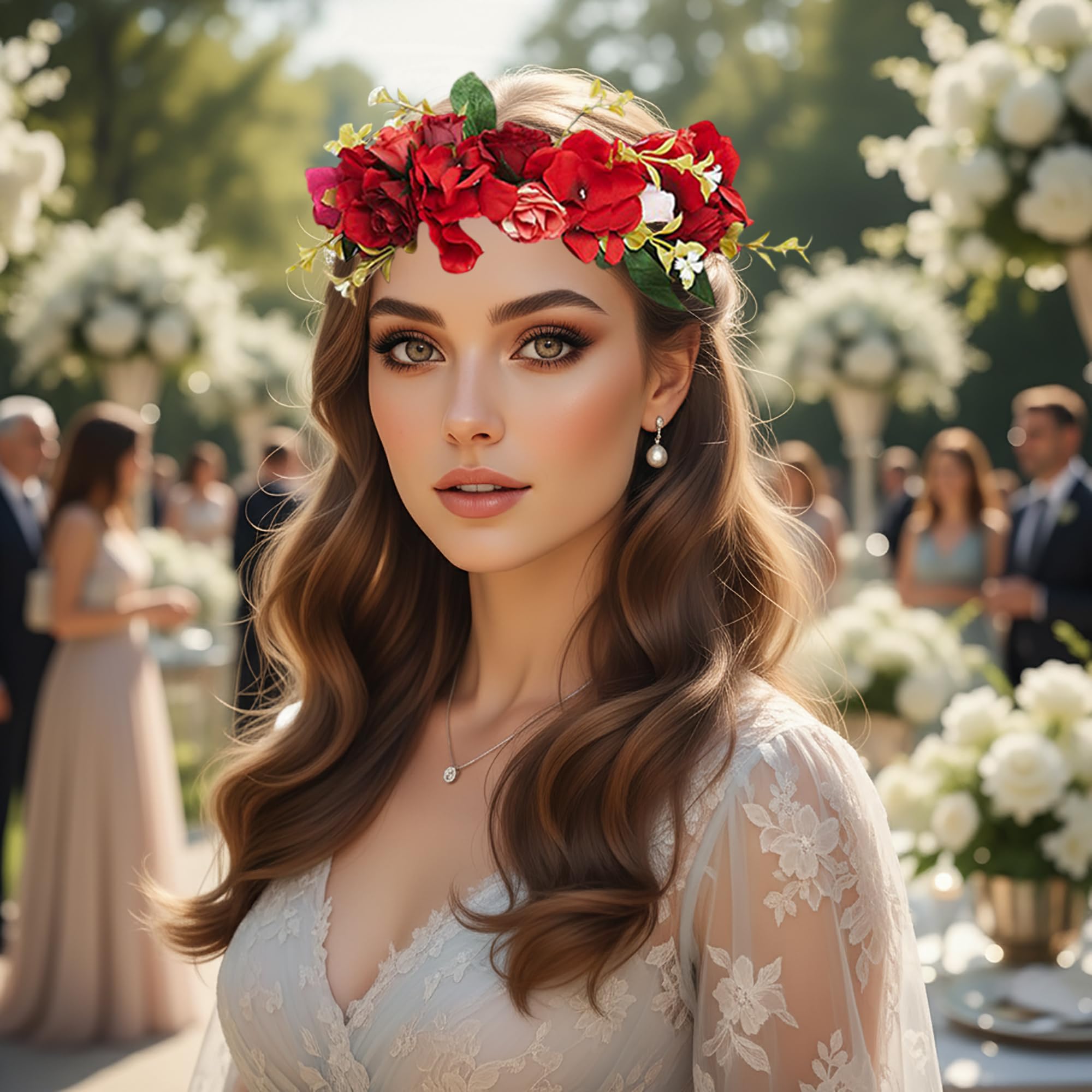Blumengirlande Stirnband Rose Blumenkrone Haarkranz Floral Halo Kopfschmuck Boho mit Band Hochzeit Party Fotos Rot