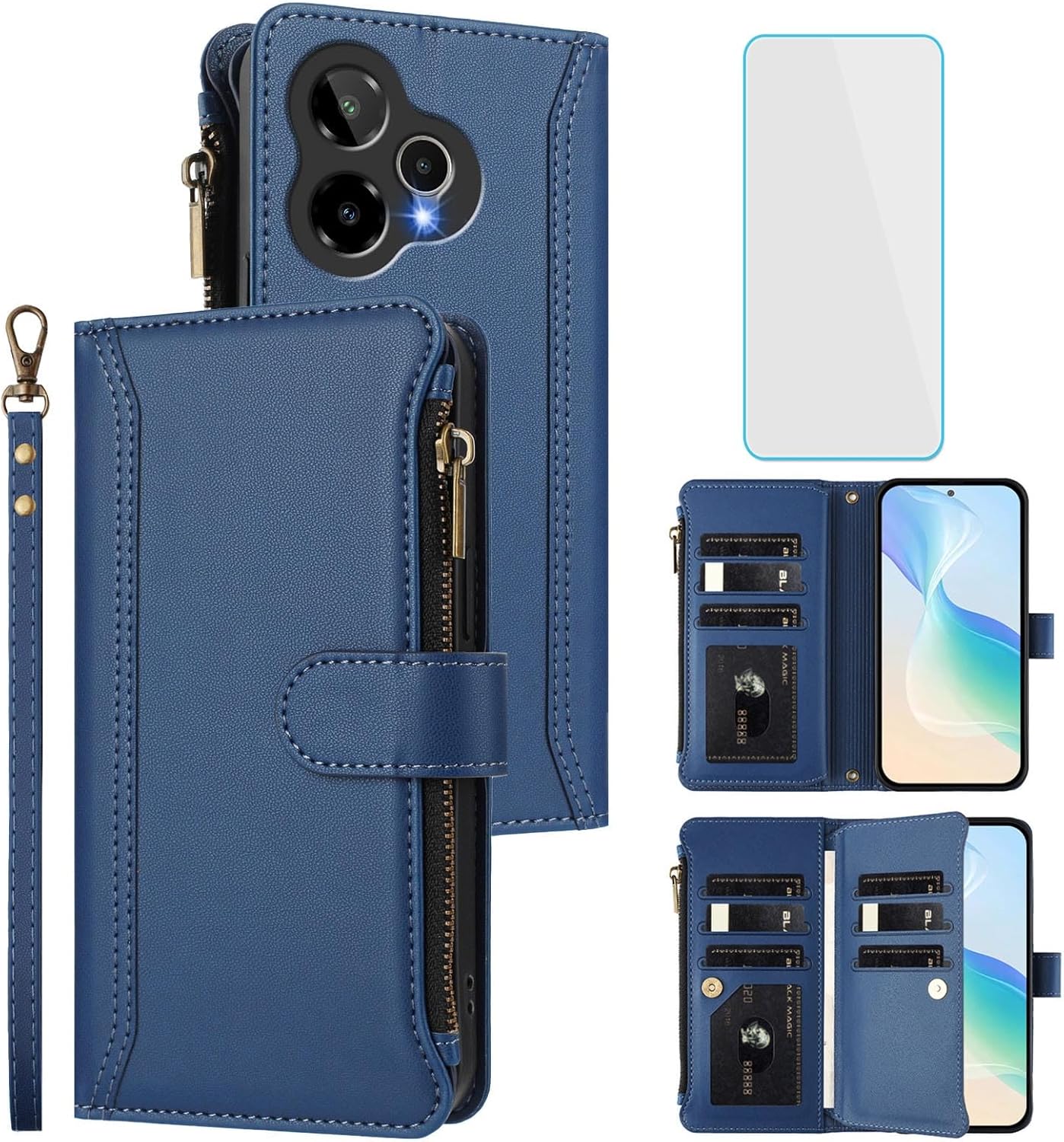 for Cricket Icon Pro 2026/AT&T Motivate Pro 2 Phone Wallet Case Wallet with Screen Protecter [9 Card Slots] Leather Zipper Pocket Flip Kickstand Cell Phone Cover for Cricket IconPro Blue