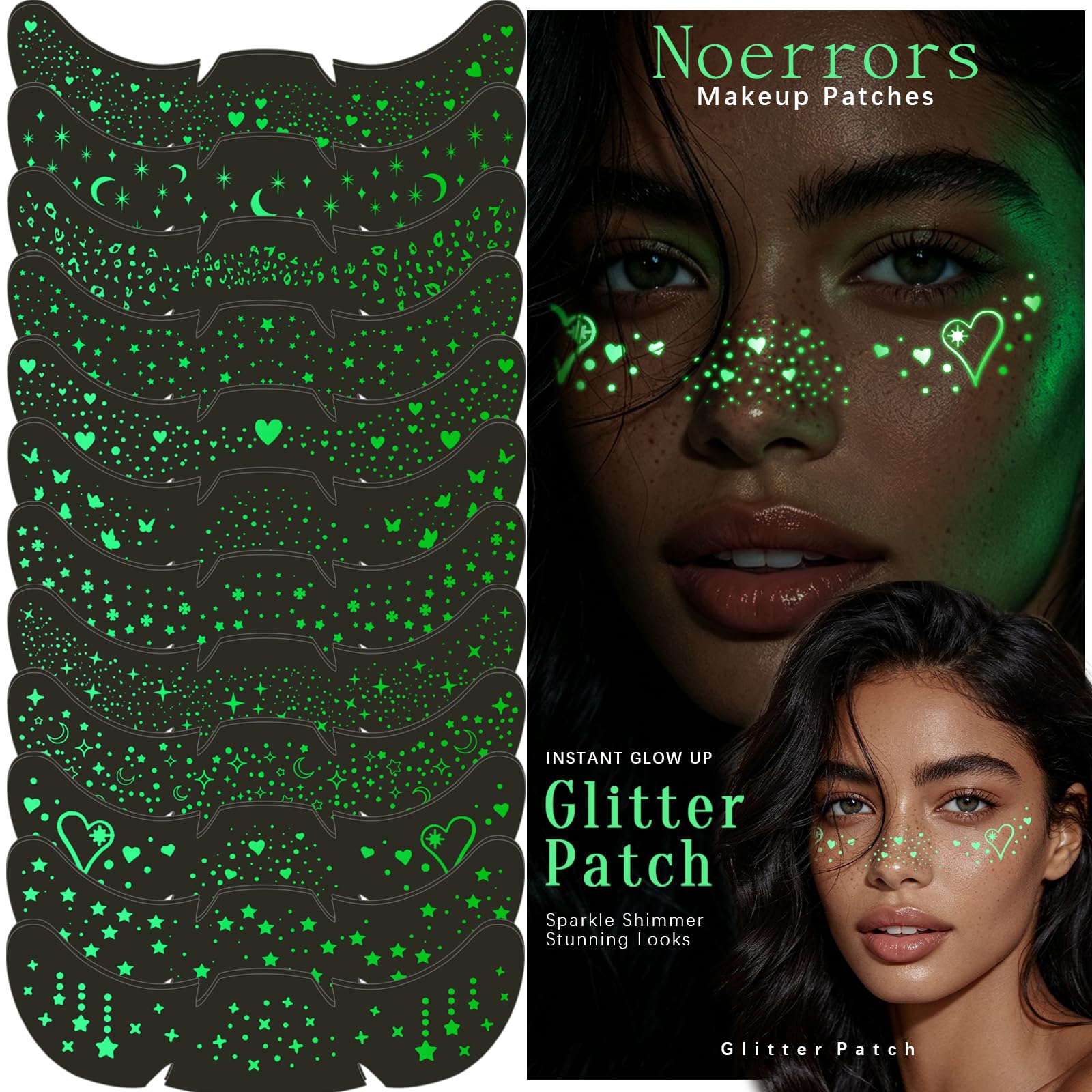 Noerrors Glow in the Dark Glitter Freckles Face Tattoo for Rave Accessories Set A: 24pcs glow in the dark