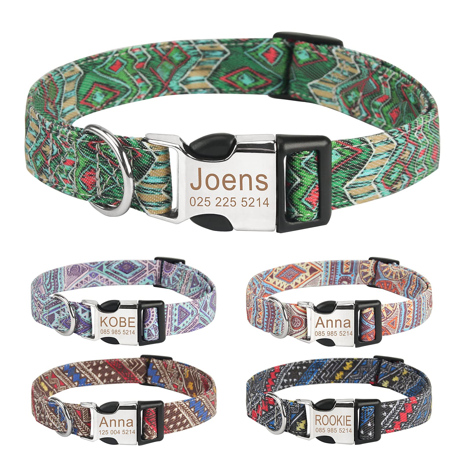 Personalised Dog Collars and Lead Set, Free Engraved Name and Phone Number Dog Collars, Adjustable Retro Nylon Puppy Collar with D-Ring and Metal Buckle for Small Medium Large Dogs(L,Green)