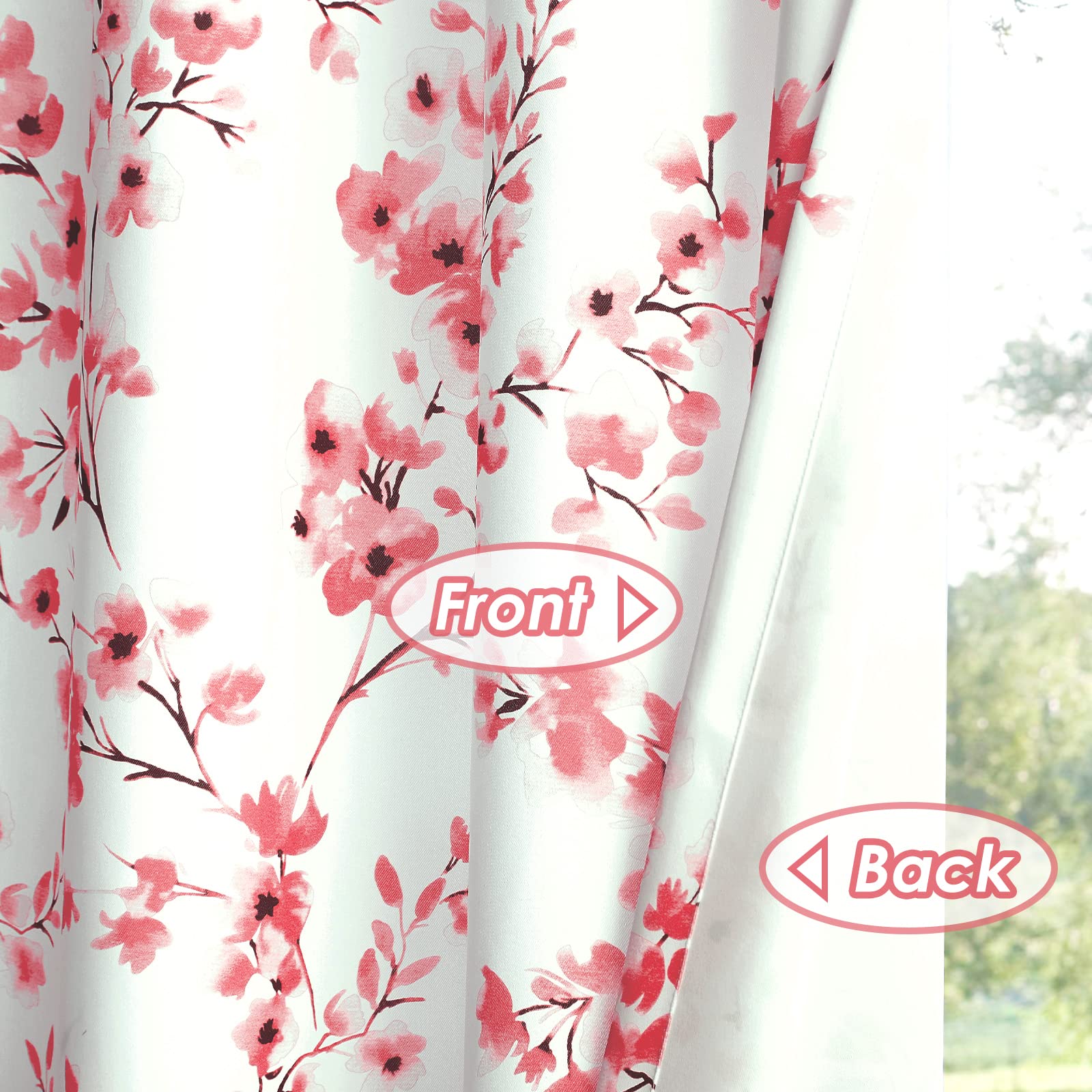Melodieux Floral Curtains 63 Inch Length for Living Room Farmhouse Pink Apricot Flower Print White Decorative Grommet Drapes - Image 2