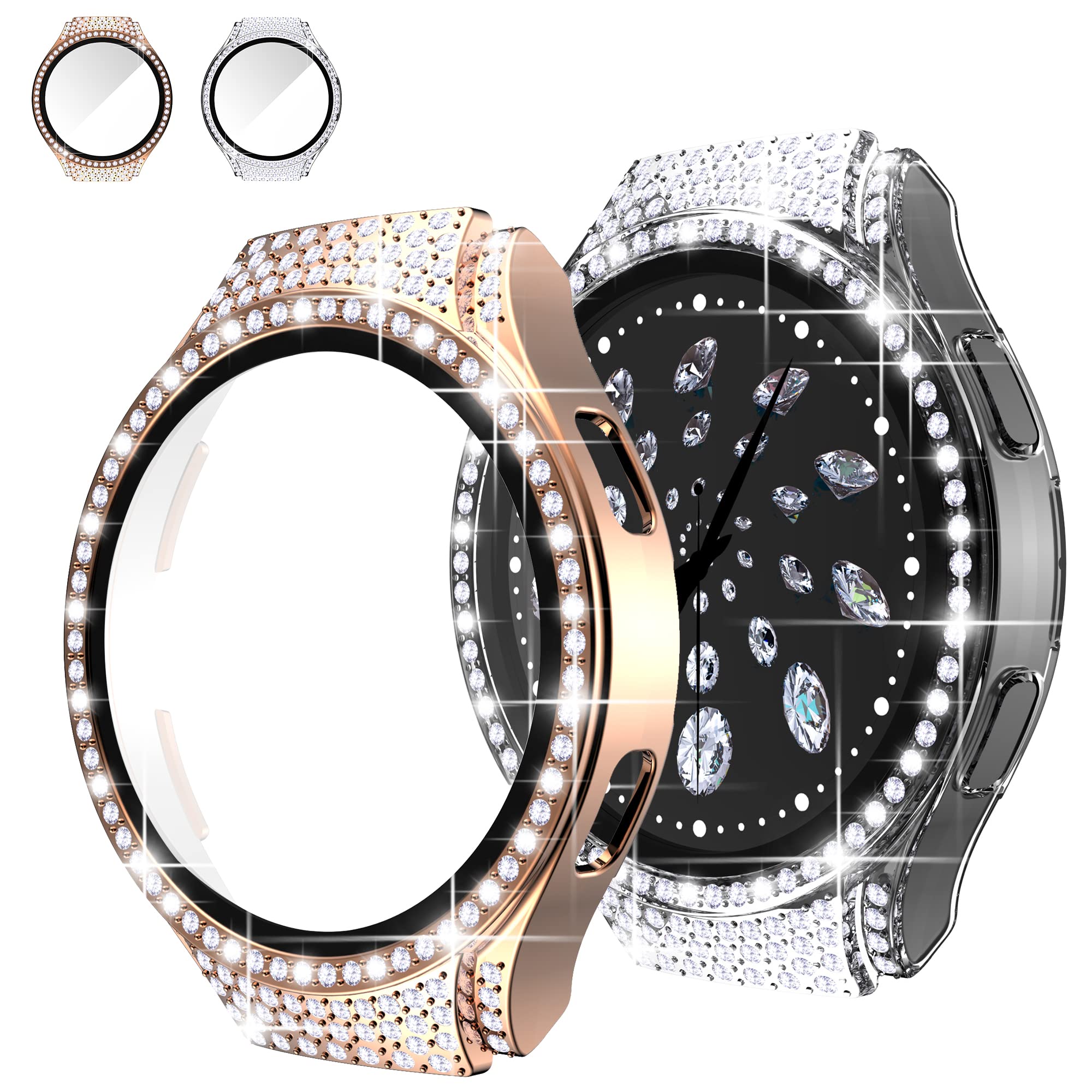 [2-Pack] RICHONE Compatible with Samsung Galaxy Watch 4 40mm Bling Case with Screen Protector Full Diamonds Cover Hard PC Bumper Frame (Watch 4 40mm, Clear+Rose Gold)