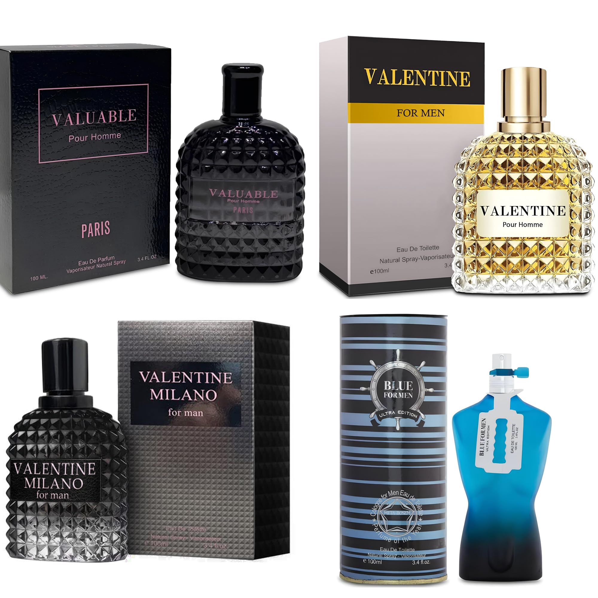A CENTER Men's Cologne Gift Set Include Valentine Milano,Valentine,Blue for Men Ultra& Valuable Paris - 3.4 Fl Oz Each | Vanilla Bourbon, Leather & Amber Floral Fragrance Eau de Toilette Perfume