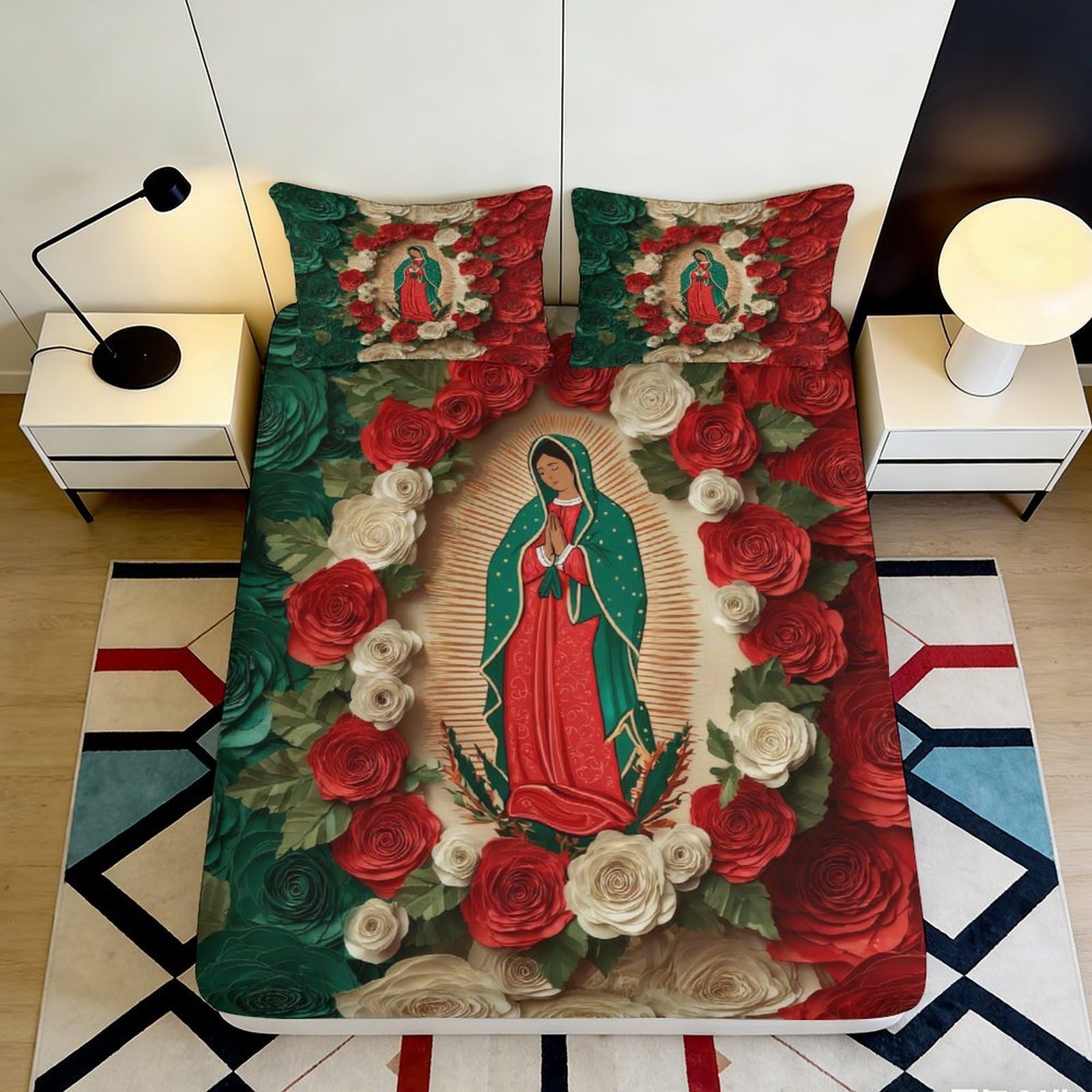 3D Printed Virgin of Guadalupe Fitted Sheet Microfiber Red Green Floral Mattress Cover for Bedroom Dorm Decorative Protection 90x200x25cm