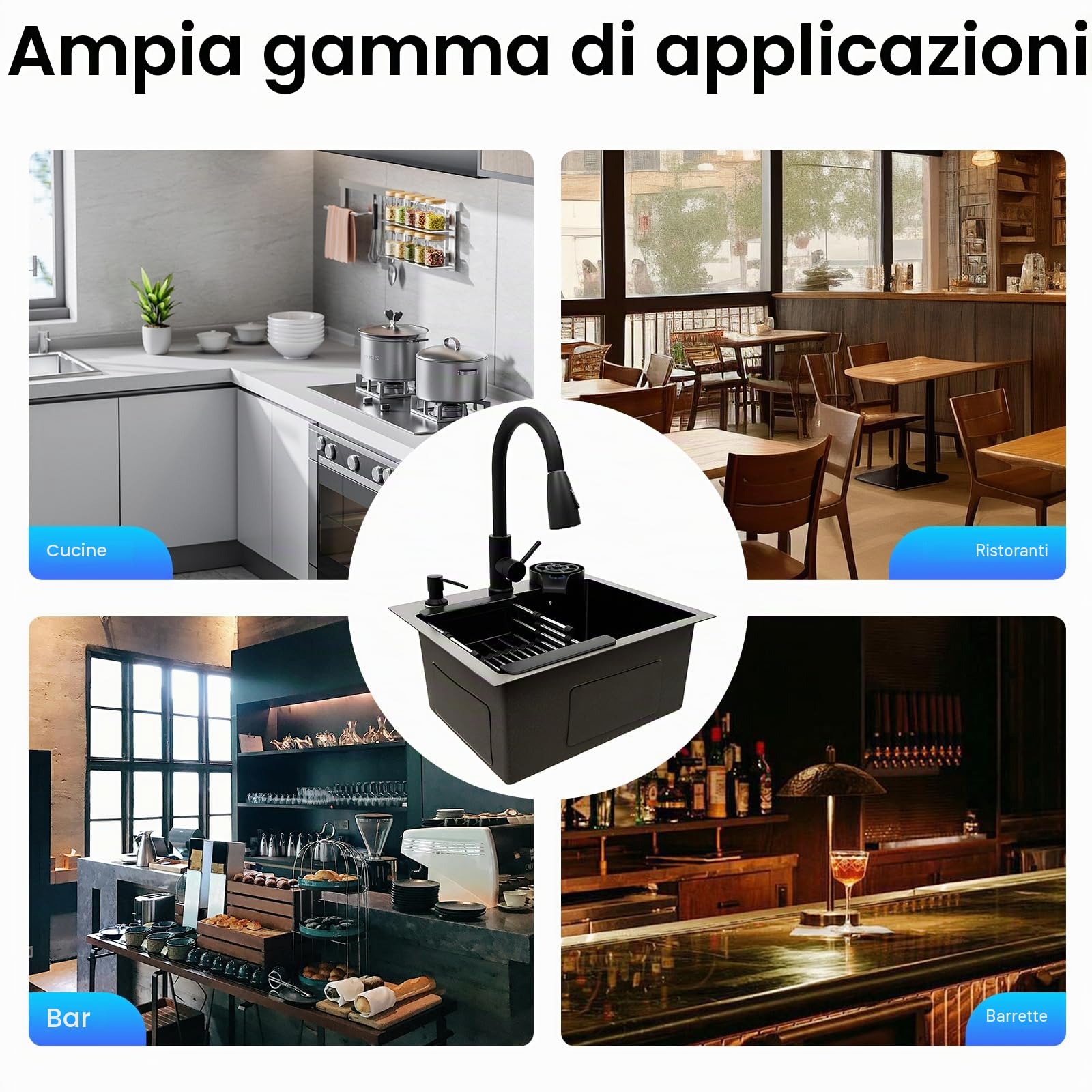 Lavello Nero Lavandino Nero 40x45cm Lavello da Incasso Linea a X Lavello da Cucina Cucina Lavello Includi Rubinetto Estensibile, Spazzola per Tazze, Sgocciolatore e Distributore di Sapone