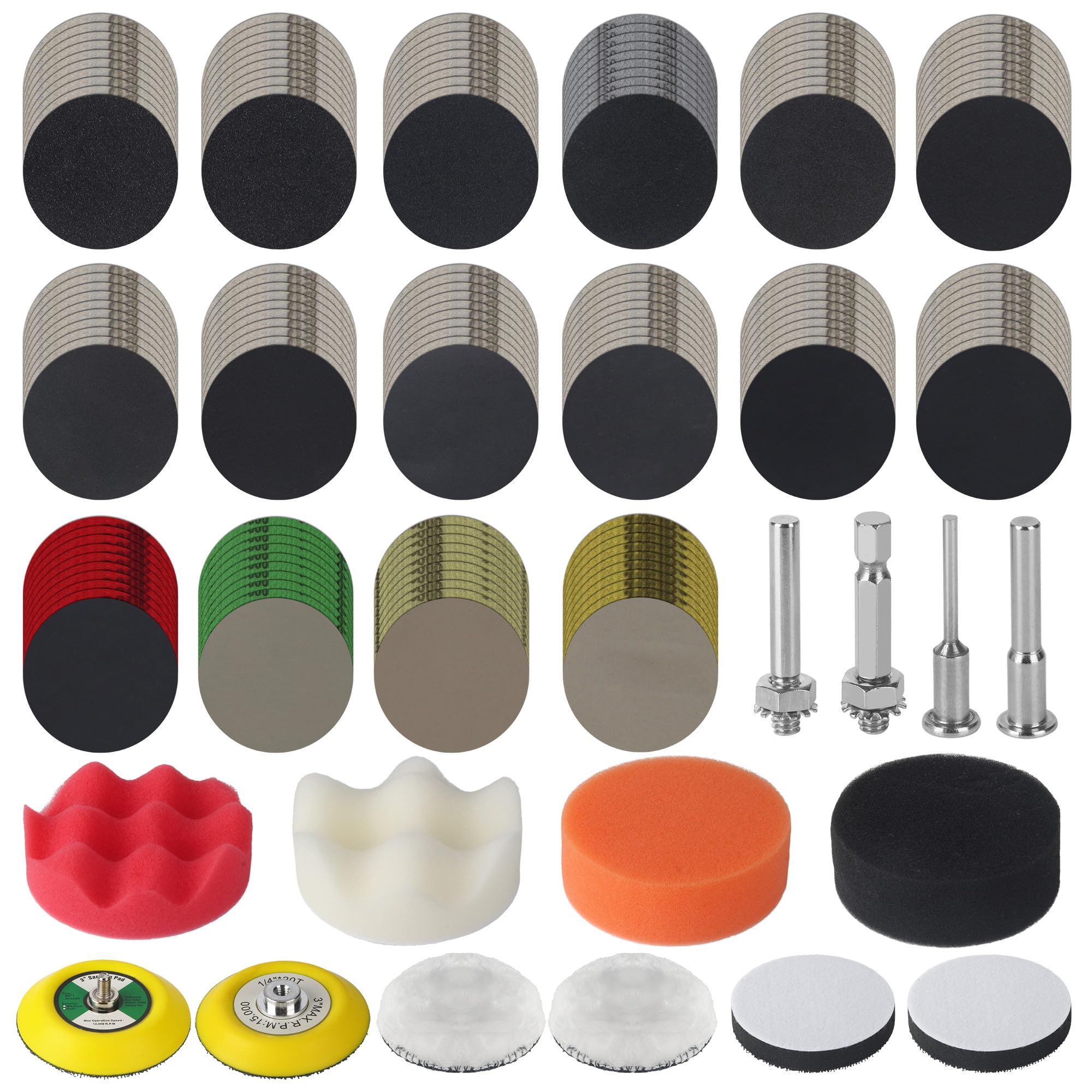 Lot de 174 Disques Abrasifs 75mm pour Voiture – Kit Renovation Phare et Carrosserie, Grain 60-10000, Papier à Poncer Carrosserie et Papier Poncer Phare Voiture, Avec Disques Brasifs, Tampons Abrasifs